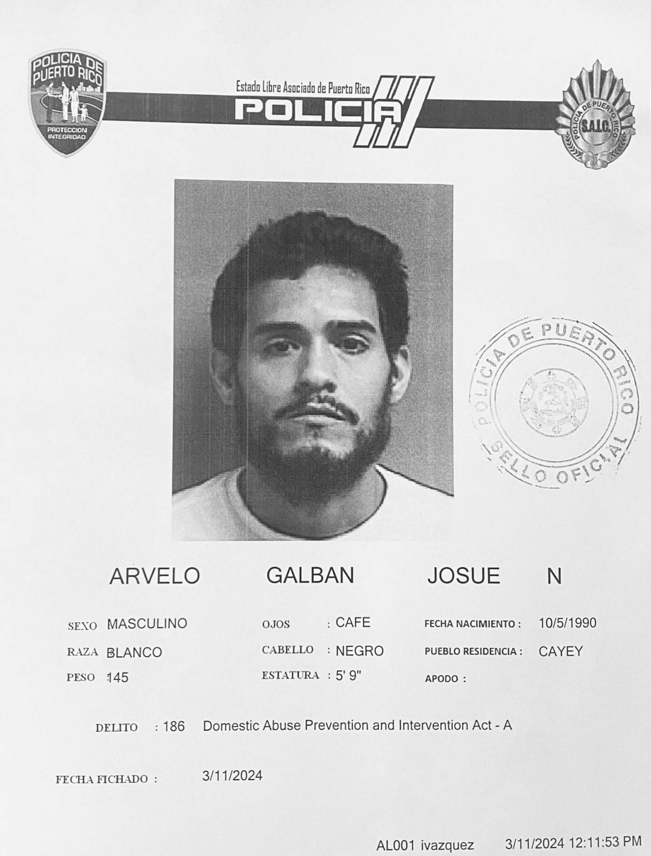 Josué N. Arvelo Galván fue encarcelado en el Complejo Correccional de Bayamón tras diligenciarle una orden de arresto por violencia de género.