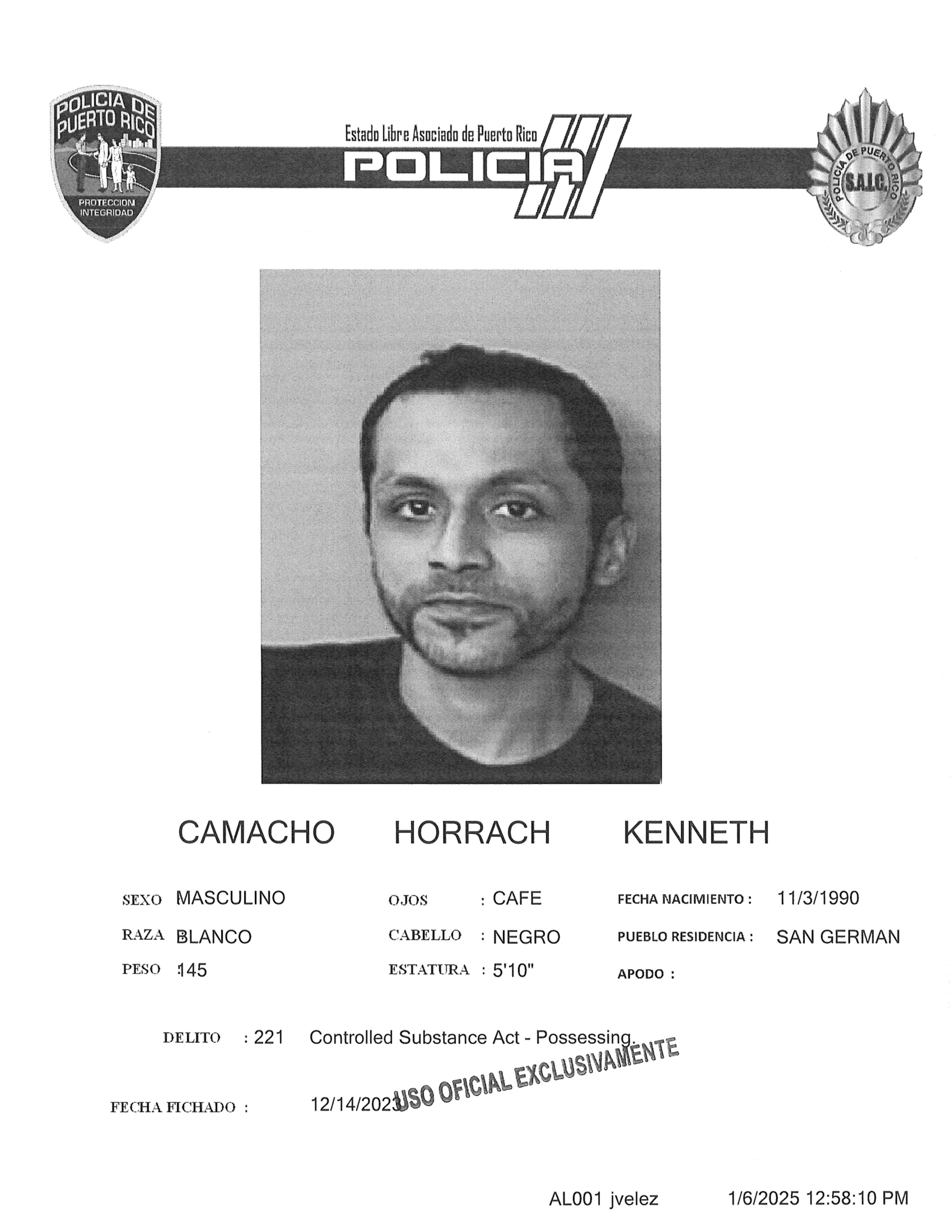 Ficha policial de Kenneth Camacho Horrach, quien fue asesinado en Sabana Grande el 6 de enero de 2025.