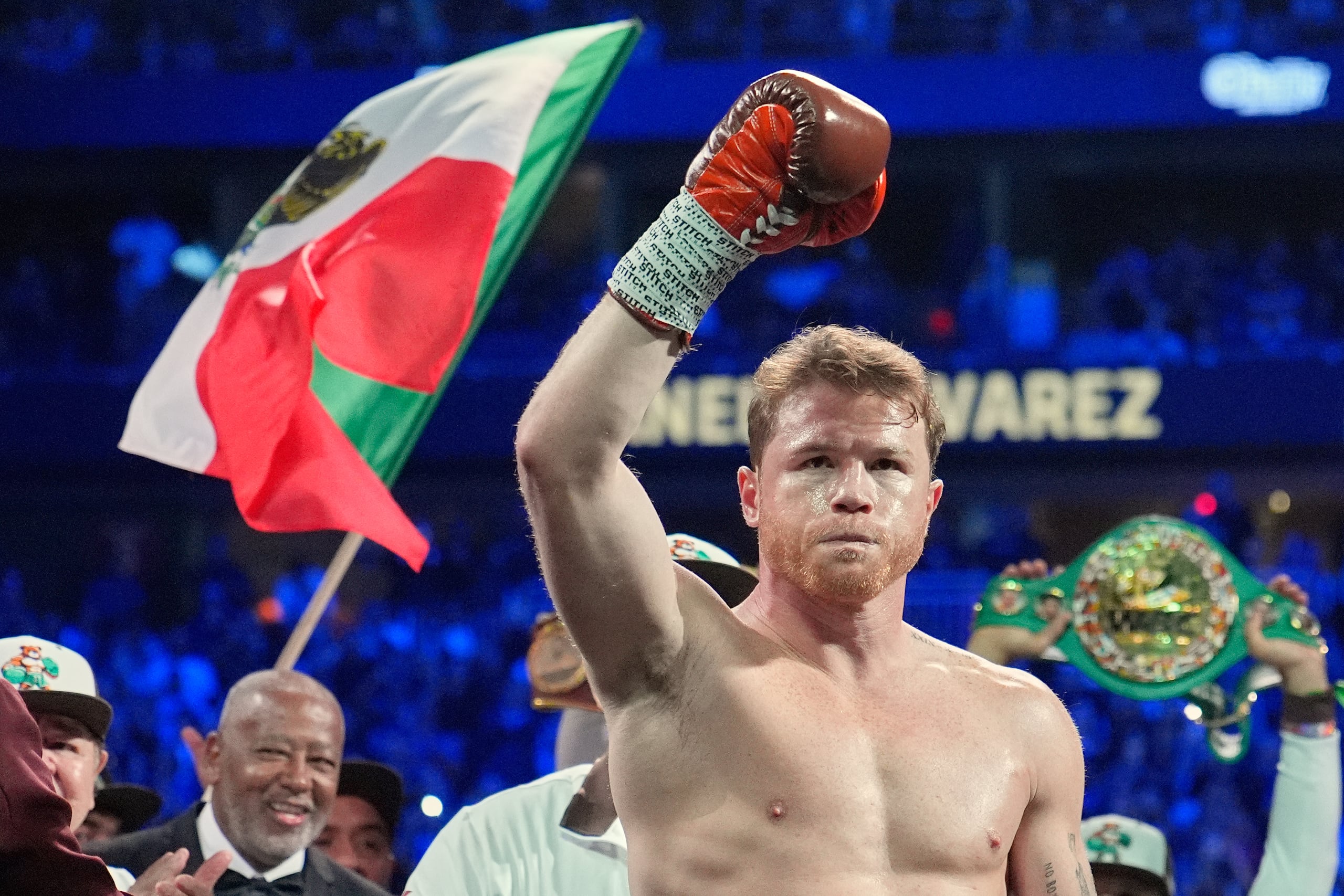 FILE - Canelo Alvarez reacts before fighting Edgar Berlanga in a super middleweight title bout Saturday, Sept. 14, 2024, in Las Vegas. (AP Photo/John Locher)