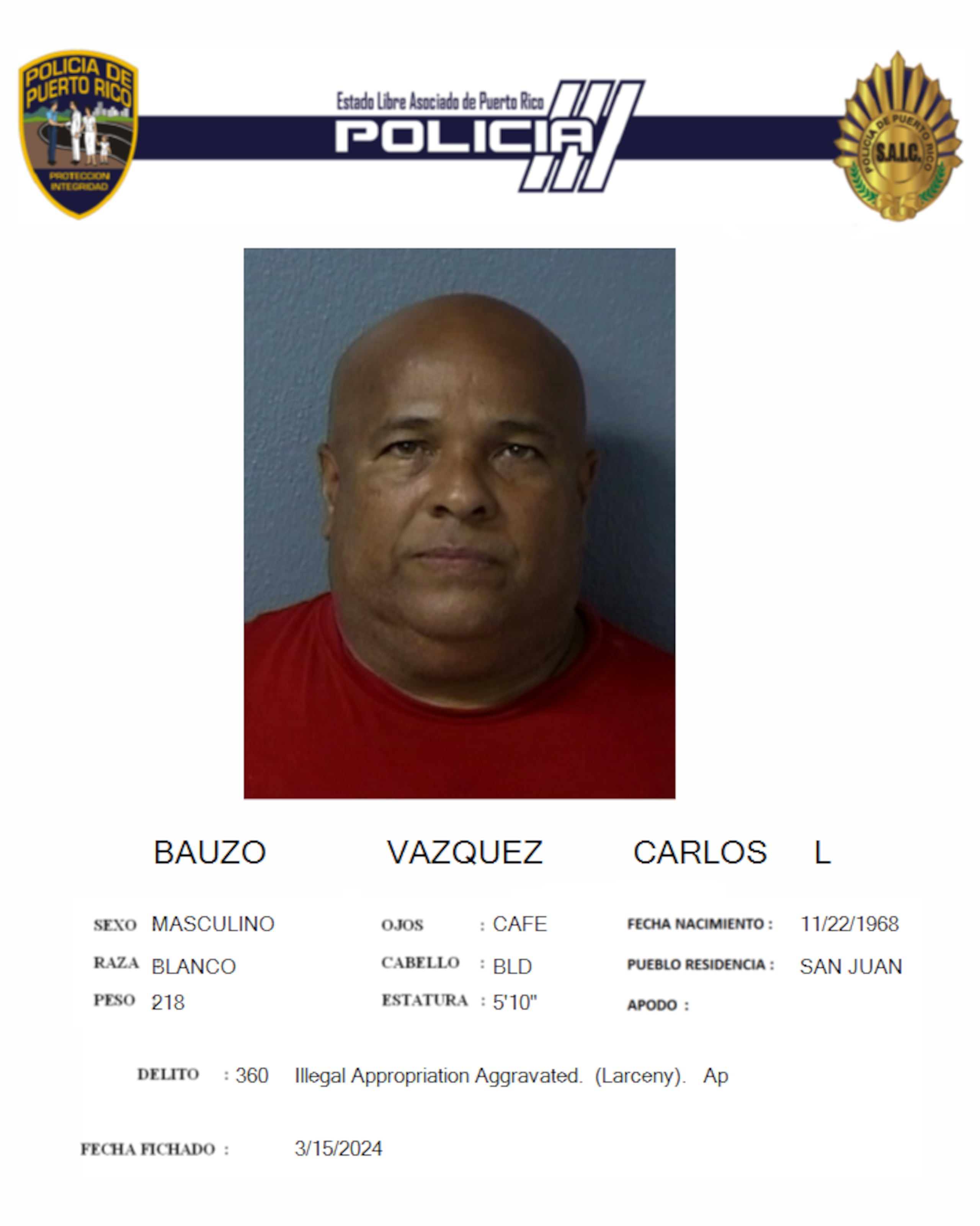 Carlos L. Bauzó Vázquez era buscado por desacato al tribunal y al momento de su arresto le ocuparon dos kilos de cocaína y un arma ilegal.