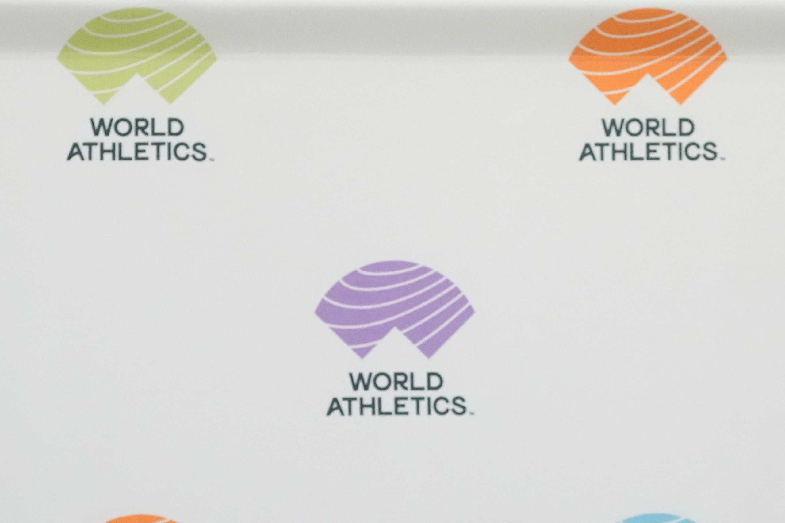 FILE - The World Athletics' logo is pictured during a news conference in Rome, on Nov. 30, 2022. (AP Photo/Gregorio Borgia, File)