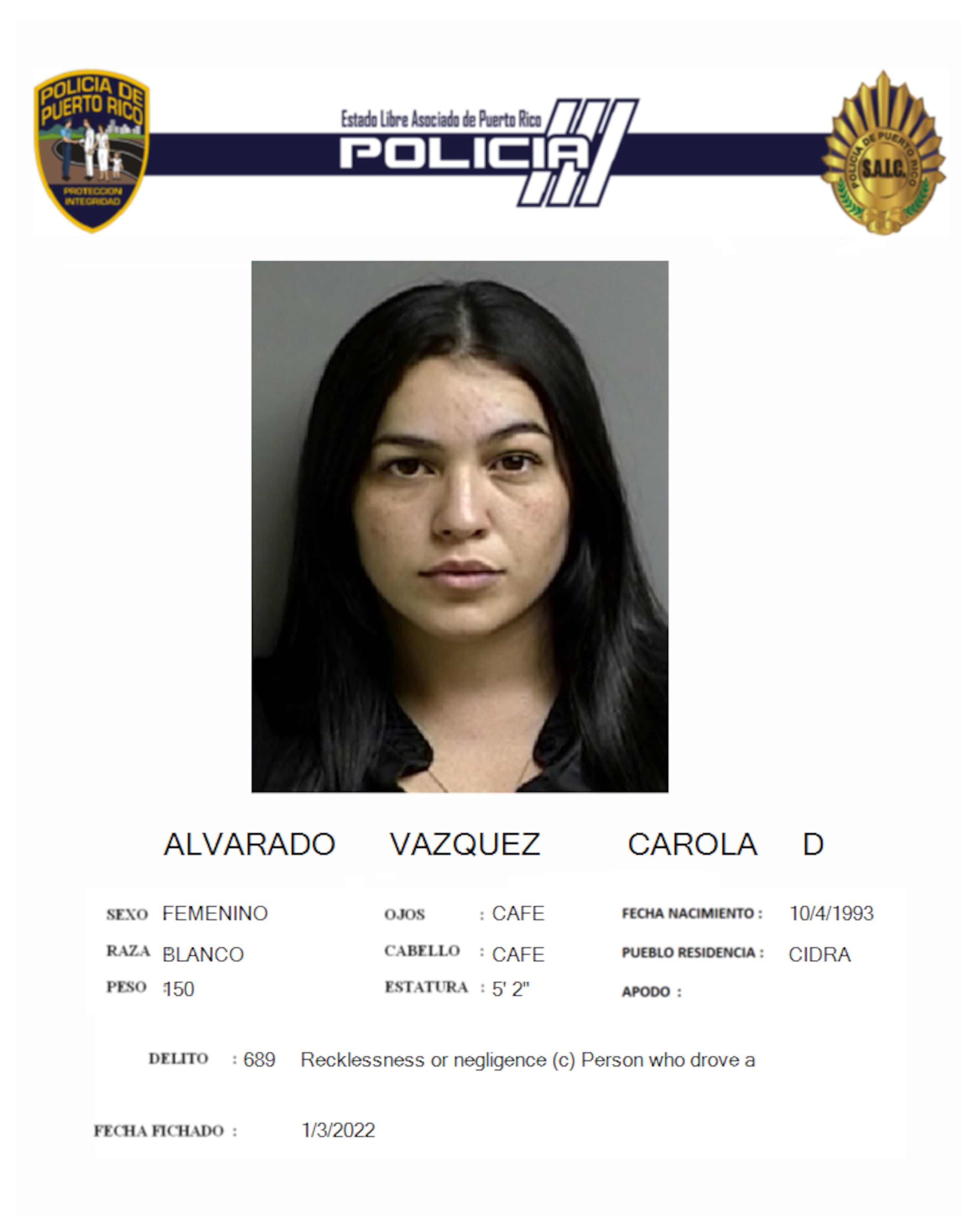 Carola D. Alvarado Vázquez, fue sentenciada por violar la Ley de Vehículos y Tránsito de Puerto Rico, al manejar un vehículo de motor bajo los efectos de bebidas embriagantes y causar la muerte de una persona por conducir de forma temeraria.