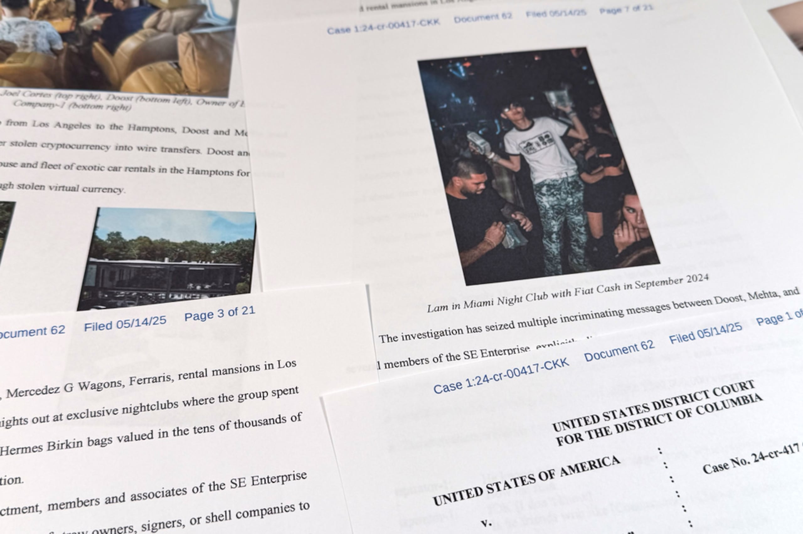 Imagen del documento judicial del Departamento de Justicia relativo al caso contra Hamza Doost y Kunal Mehta, que incluye una foto de Malone Lam.