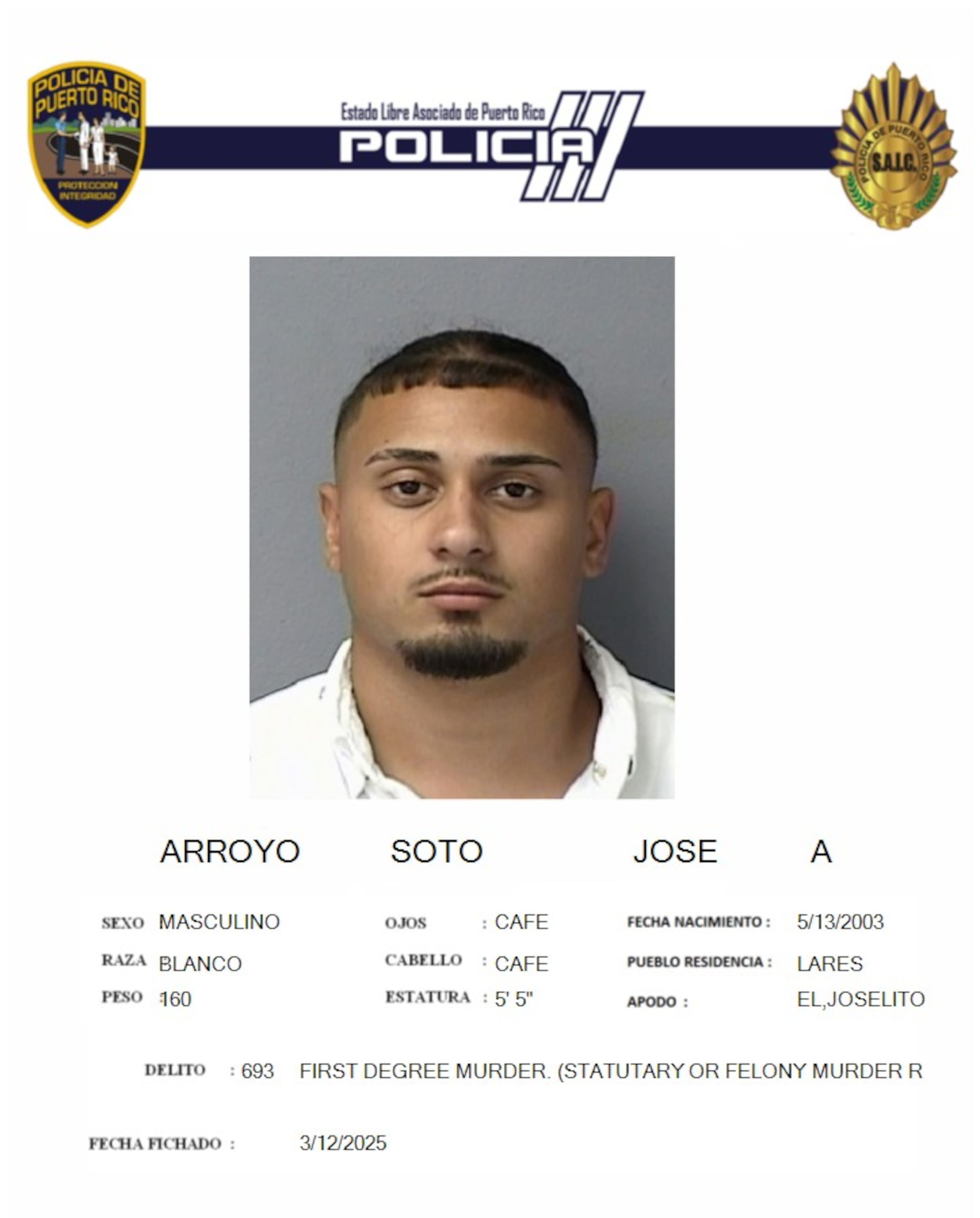 José A. Arroyo Soto, fue acusado por "carjacking", violación a la Ley de Armas y asesinato, en el sector Villamil, en el pueblo de Florida, en el 2023.
