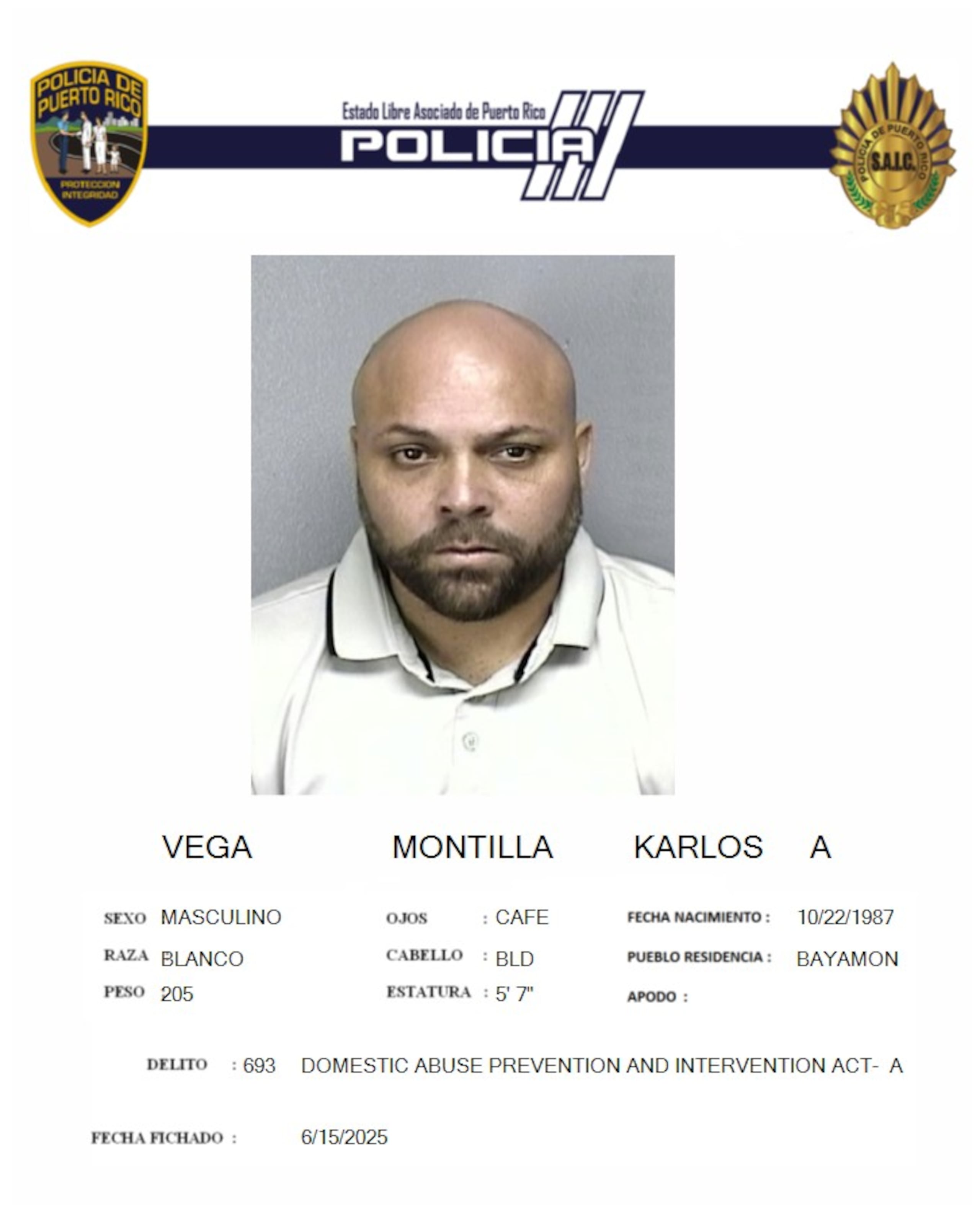 Karlos A. Vega Montilla enfrenta un cargo por violencia doméstica.