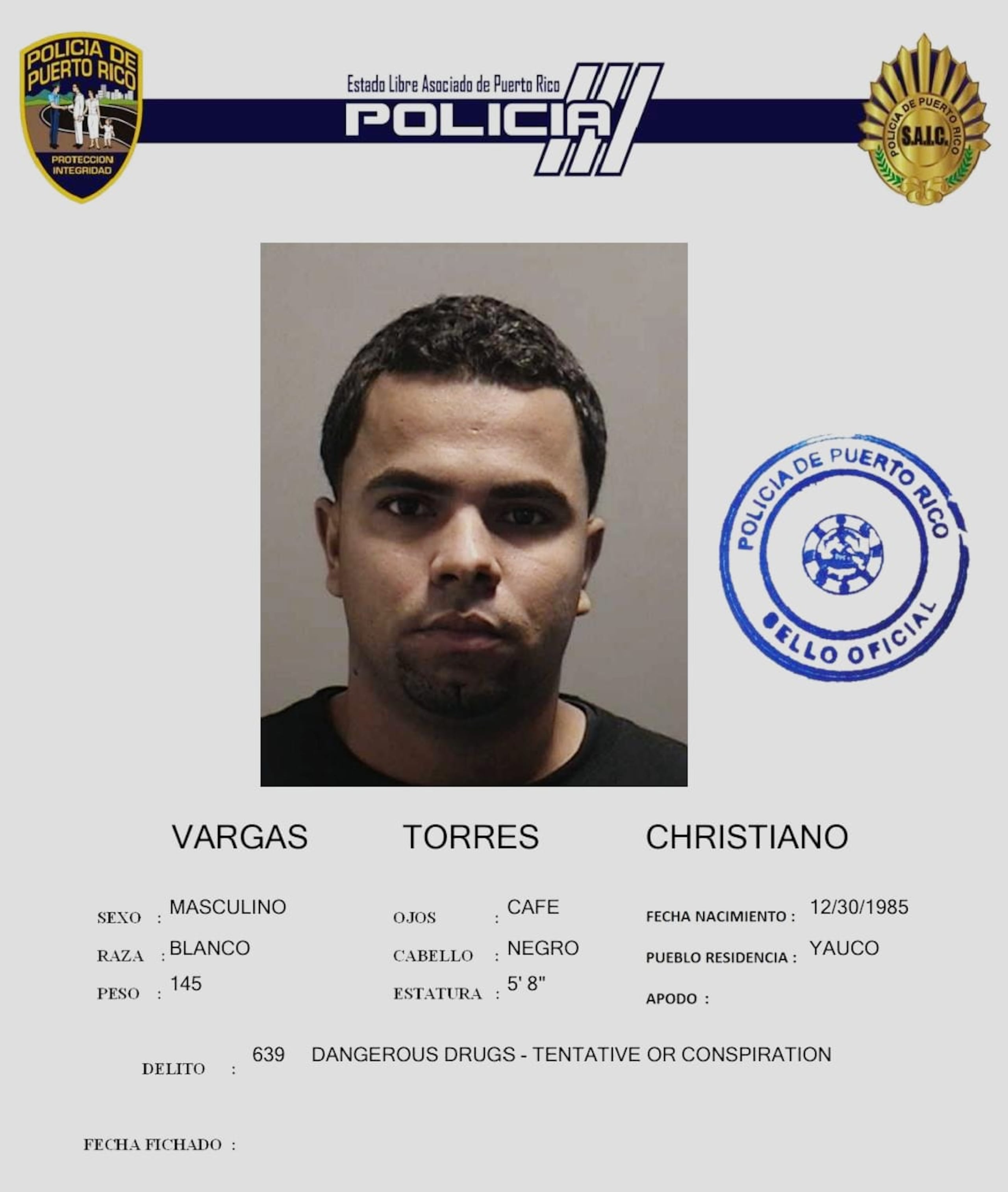 Christian O. Vargas Torres se encuentra bajo probatoria federal por delitos de narcotráfico y armas.