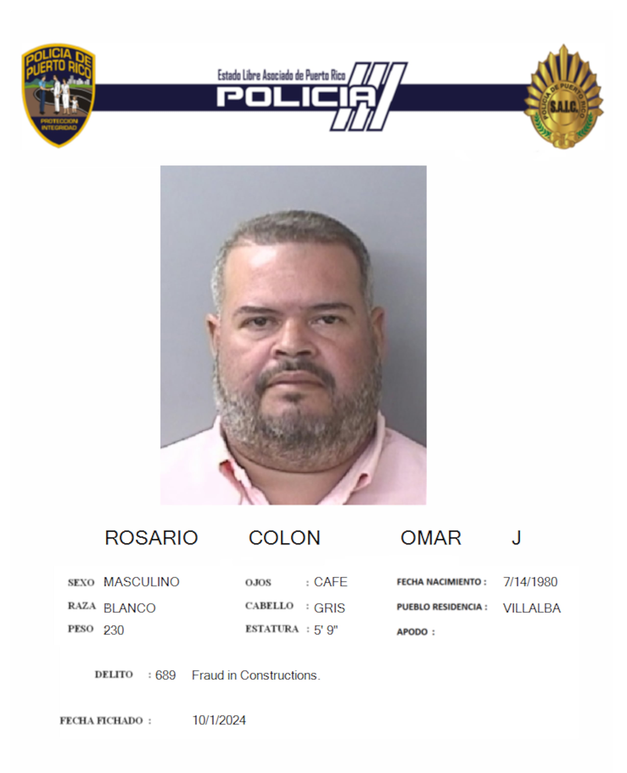 Rosario Colón fue ingresado en el Complejo Correccional de Ponce.