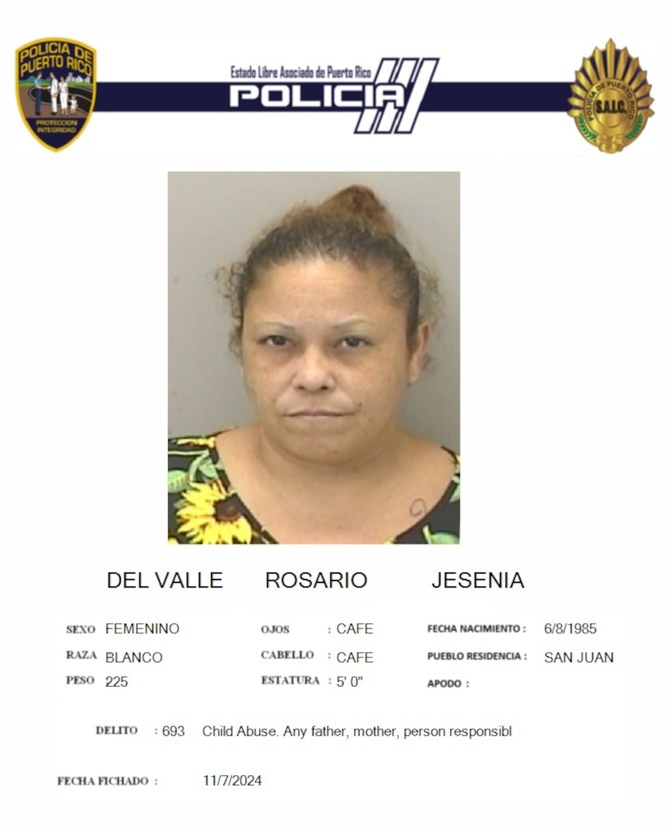 Jesenia Del Valle Rosario, enfrenta tres cargos de maltrato de menores.