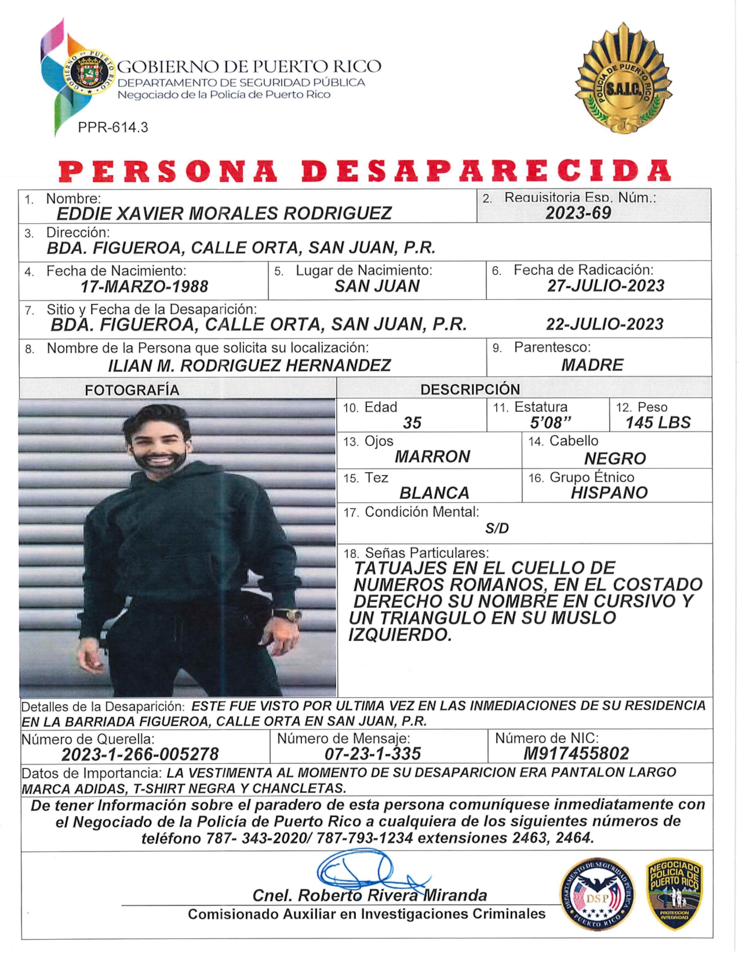Ficha de reporte de desaparición de Eddie Xavier Morales Rodríguez.