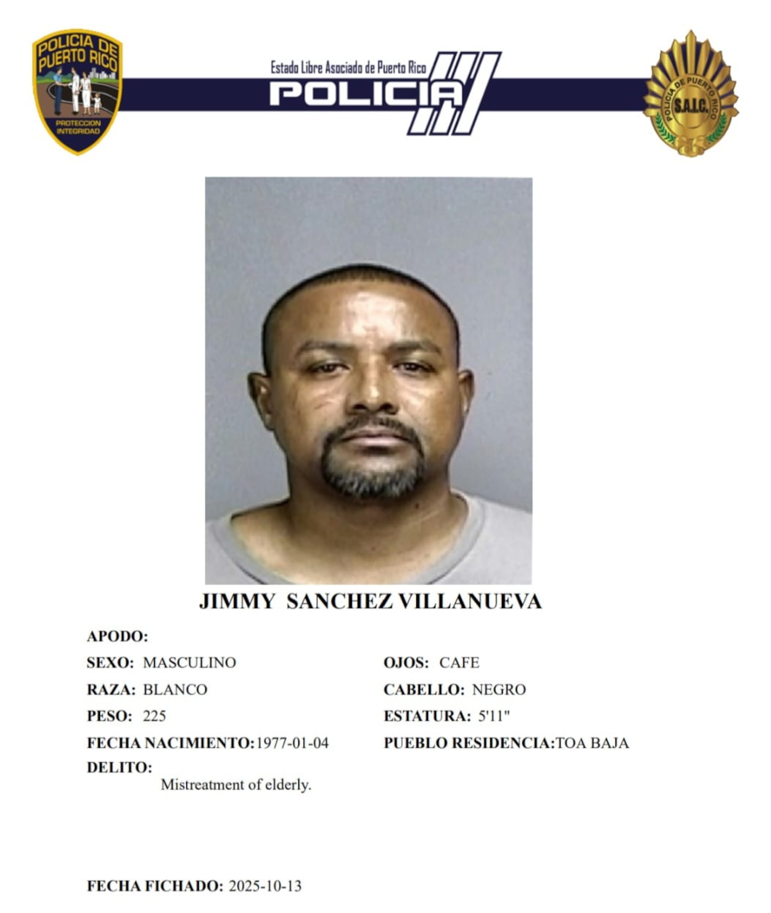 Jimmy Sánchez Villanueva, fue encarcelado tras ser acusado por el delito de maltrato a una persona de edad avanzada.