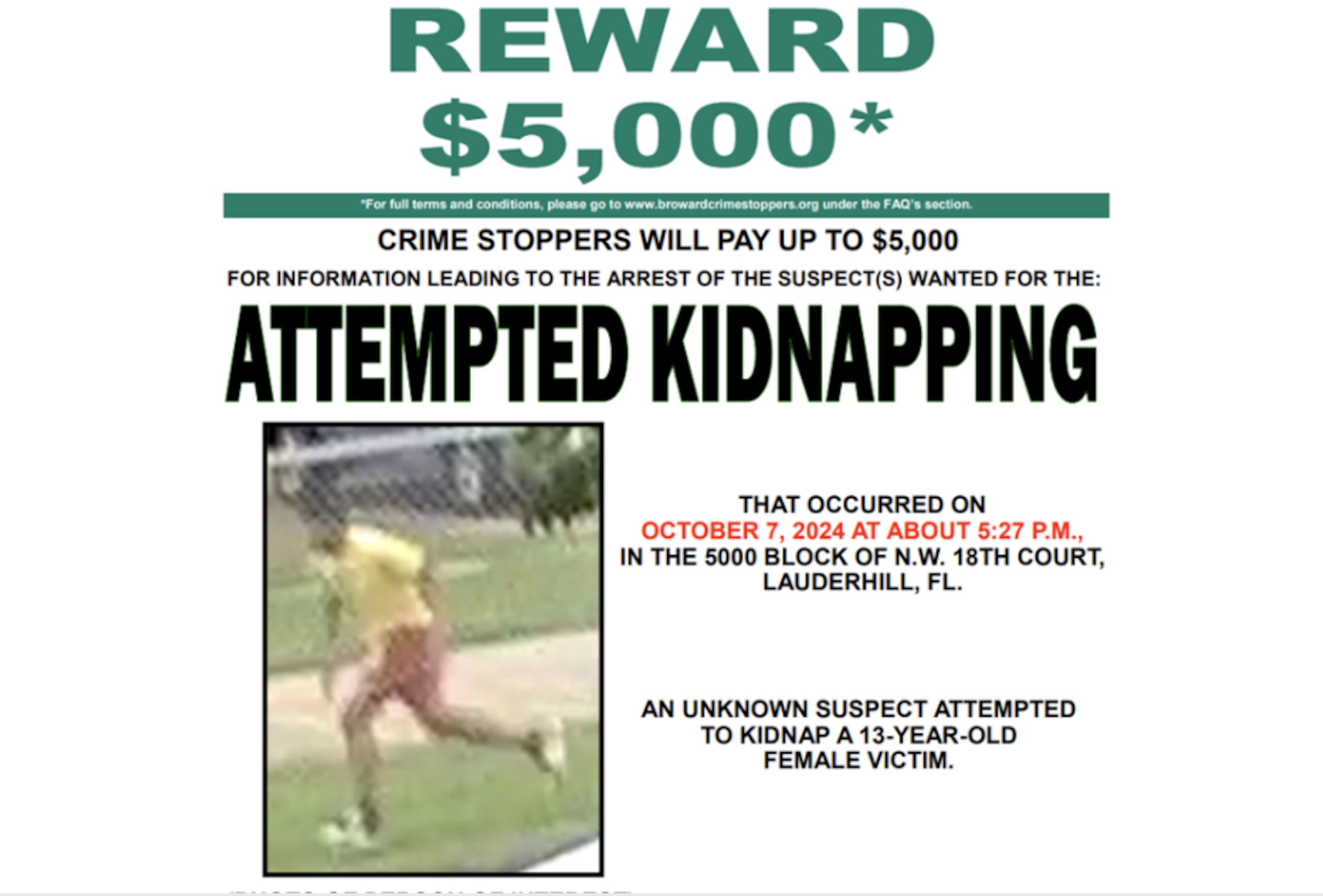 Ofrecen recompensa por hombre que intentó secuestrar a una adolescente