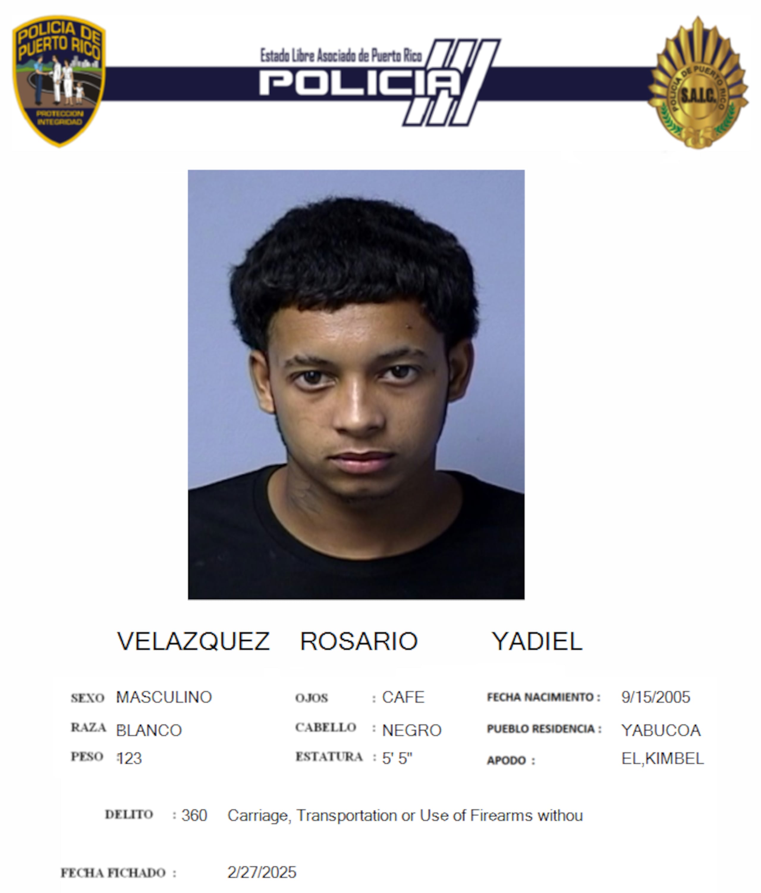 Yadiel Velázquez Rosario, alias “El Kimbel”, de 19 años.