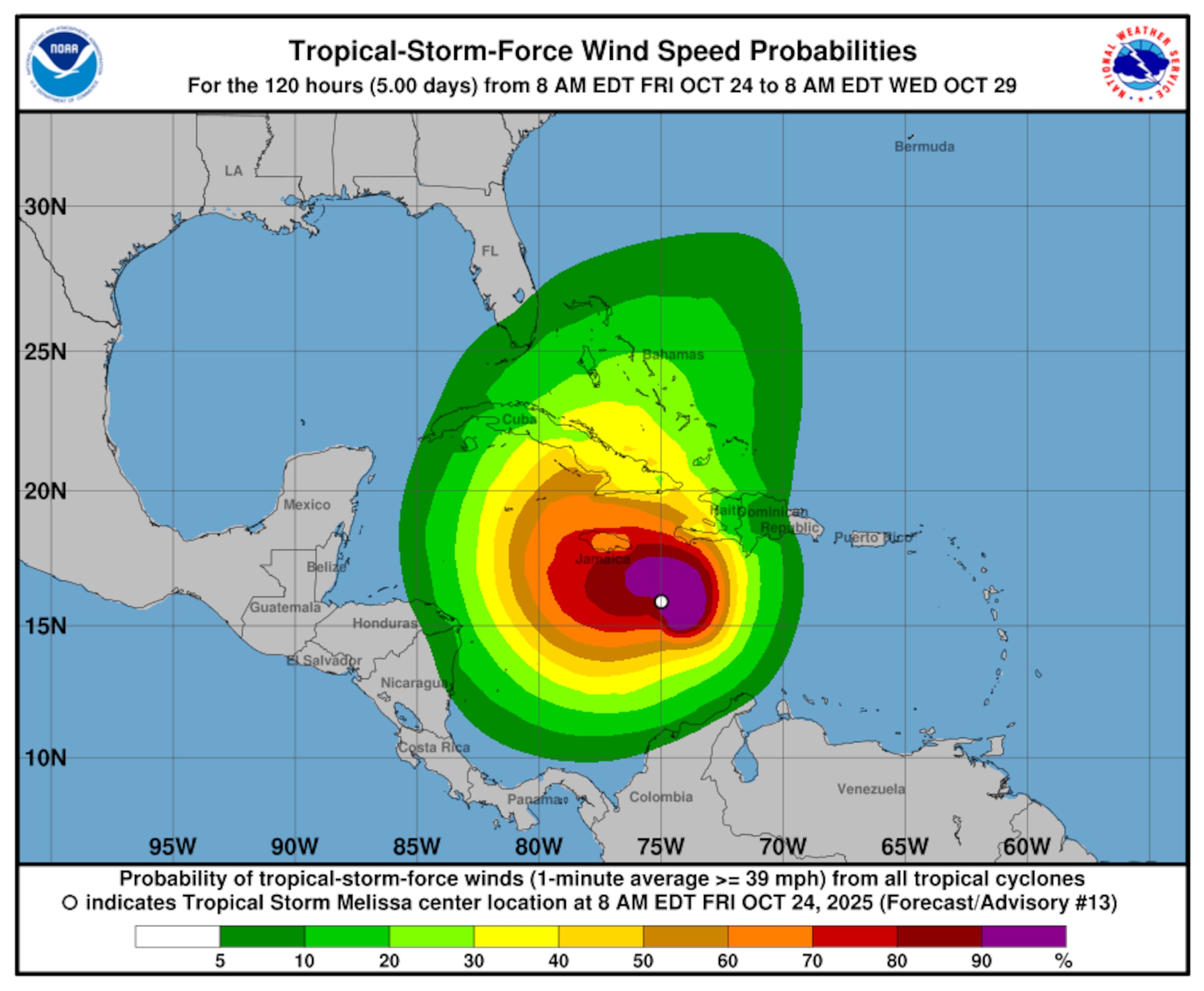 La gráfica que muestra la posibilidad de vientos de tormenta tropical por Melissa. (NOAA)