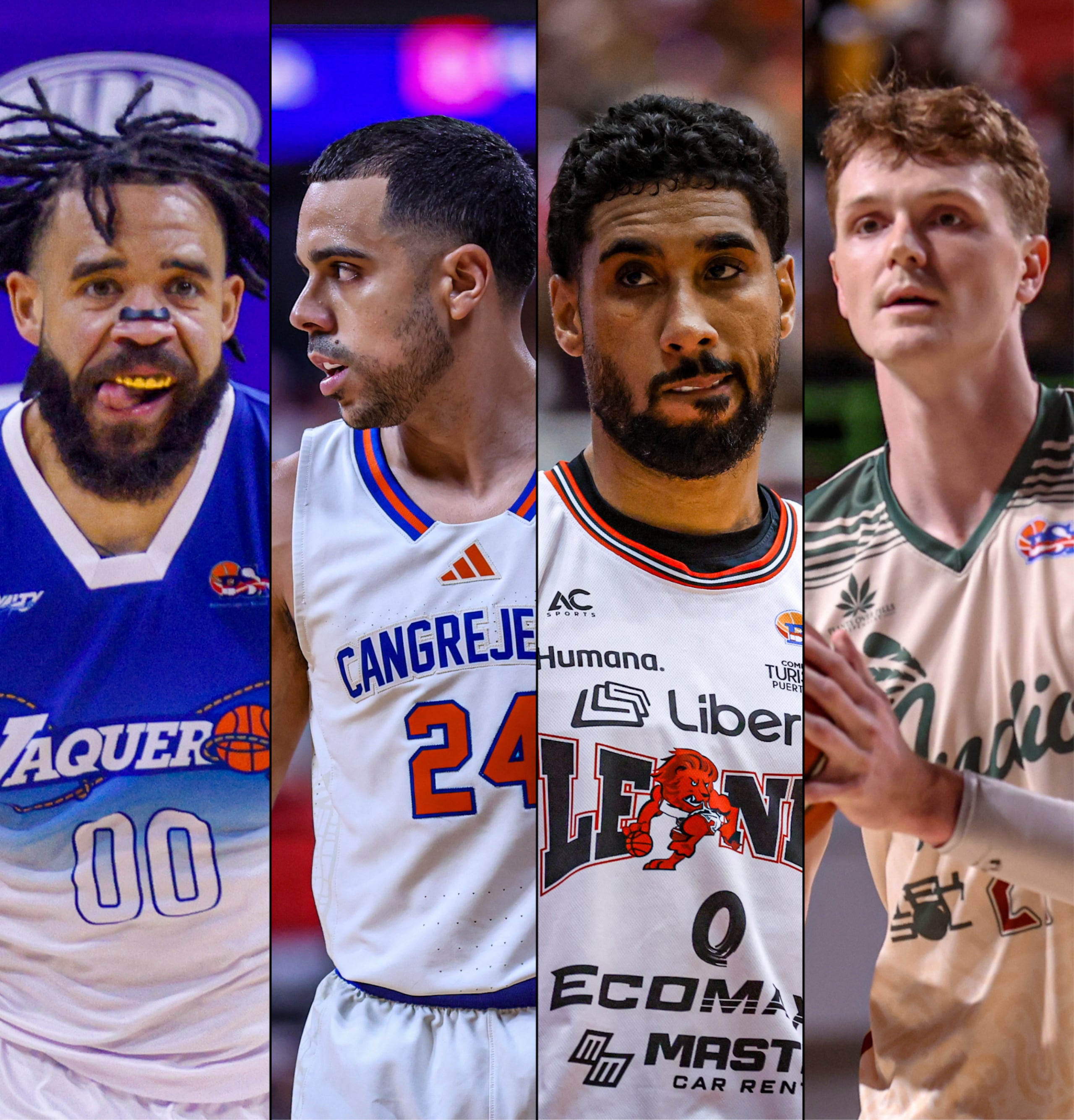 De izquierda a derecha: JaVale McGee, de los Vaqueros de Bayamón; Ángel Rodríguez, de los Cangrejeros de Santurce; Jezreel De Jesús, de los Leones de Ponce; y Sam Waardenburg, de Indios de Mayagüez.