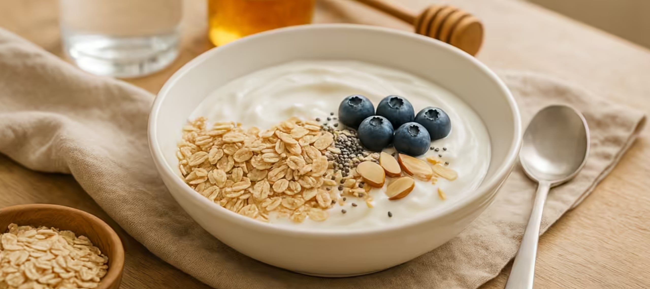 El yogur griego ayuda a formar un desayuno completo, rico en proteínas, fibra, calcio y probióticos.