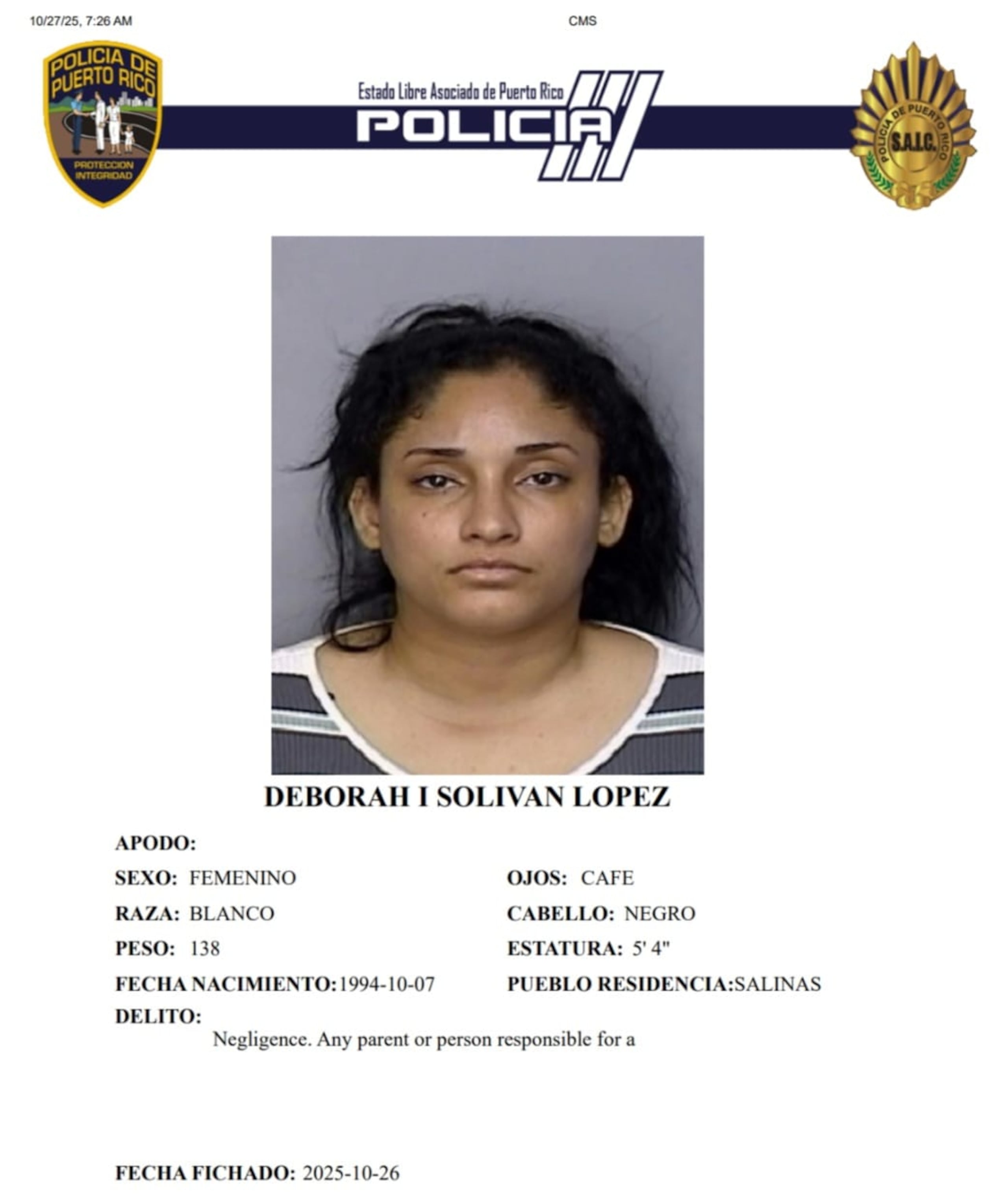 A Deborah I. Solivan López, se le radicó cargos por maltrato de menores por negligencia.