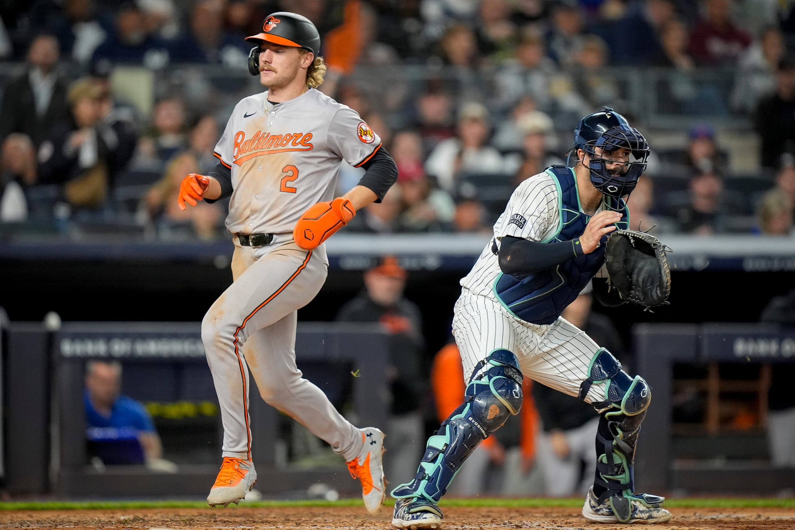 Gunnar Henderson, de los Orioles de Baltimore, anota en el juego del miércoles 25 de septiembre de 2024, frente a los Yankees de Nueva York (AP Foto/Bryan Woolston)