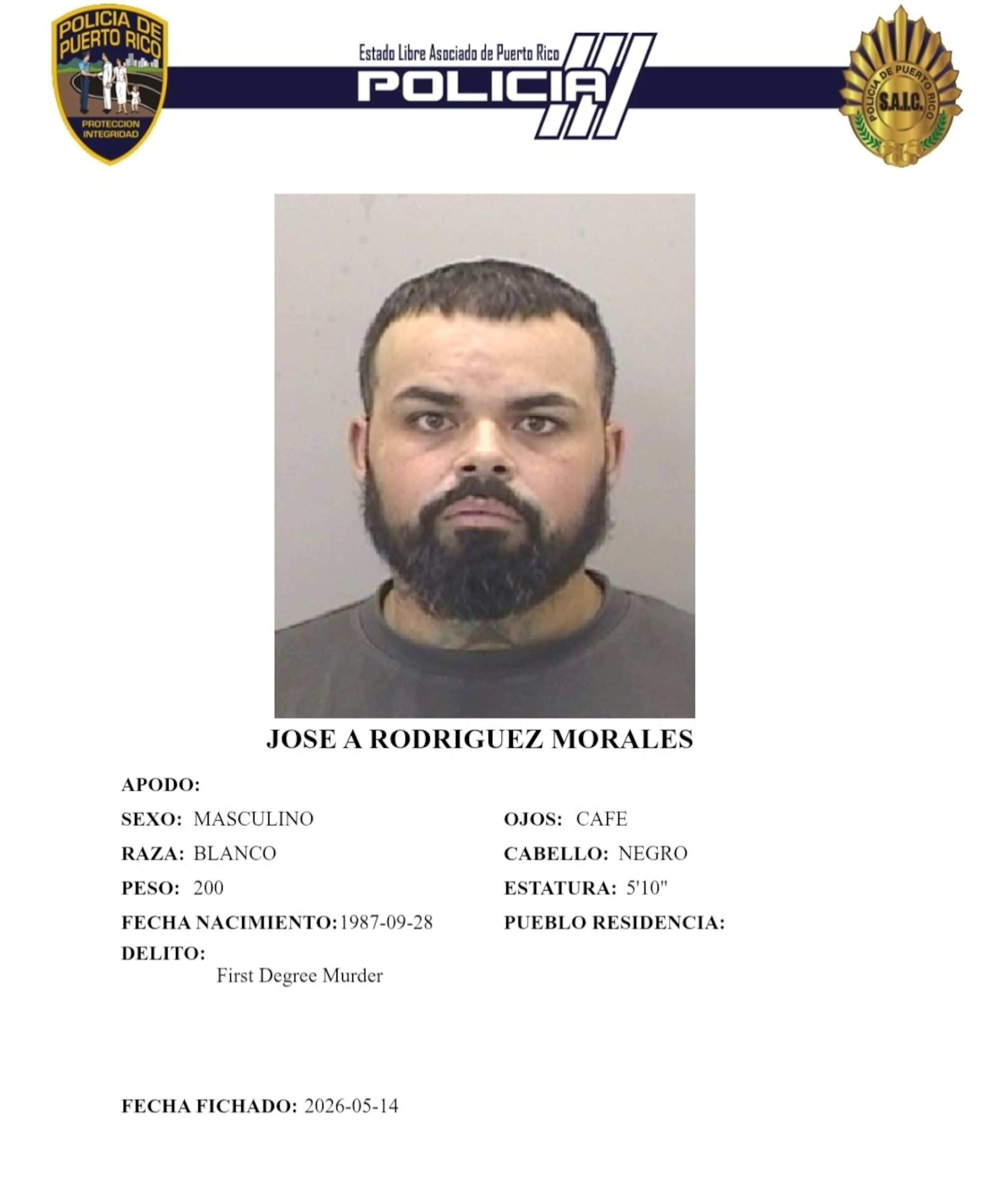 Contra José A. Rodríguez Morales pesaba una orden de arresto expedida por la jueza Yarissa San Antonio, del Tribunal de Caguas, por asesinato en primer grado con una fianza de $500,000.