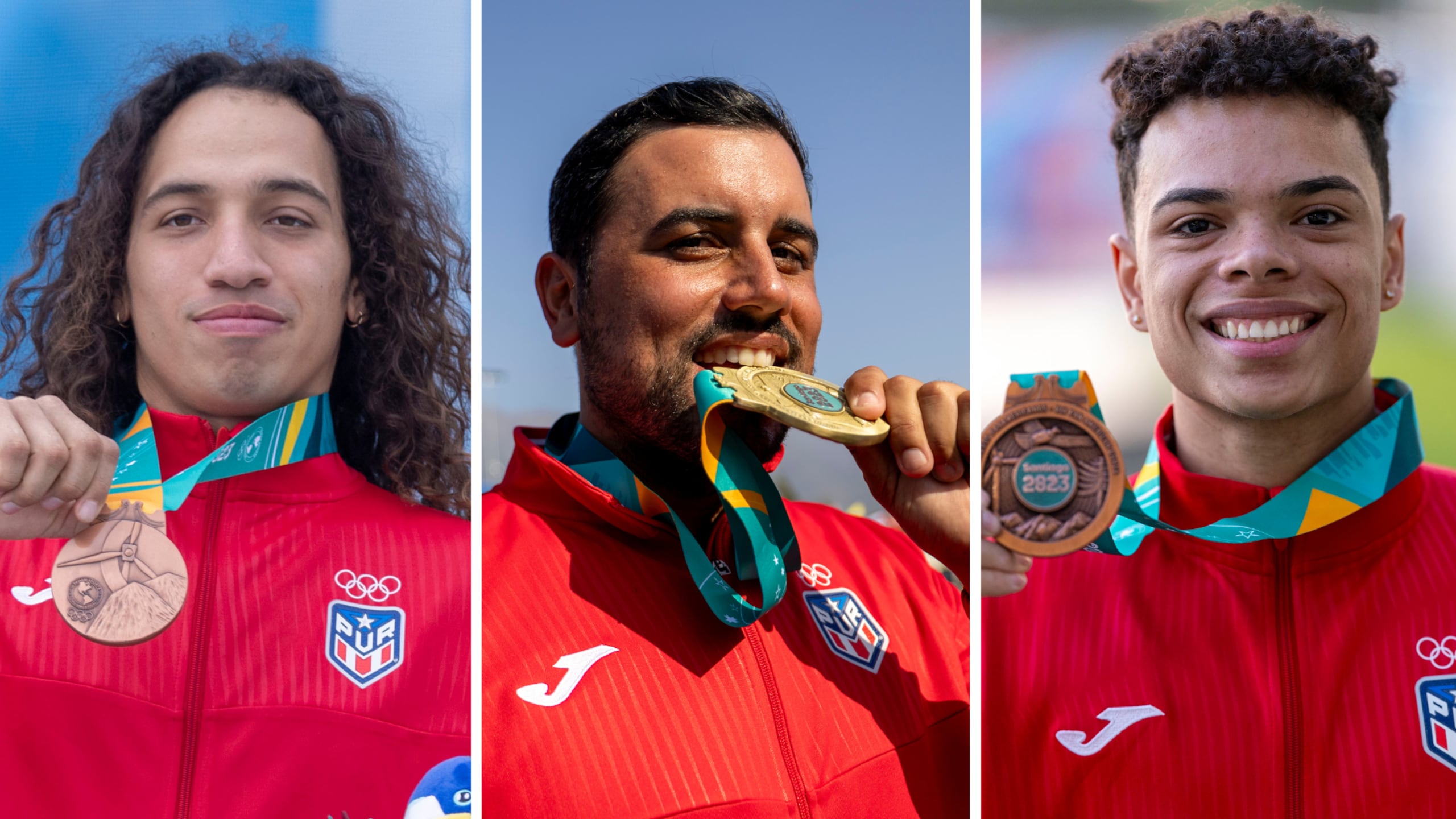 De izquierda a derecha: el skater Steven Piñeiro, el arquero Jean Pizarro y el gimnasta Nelson Guilbe.