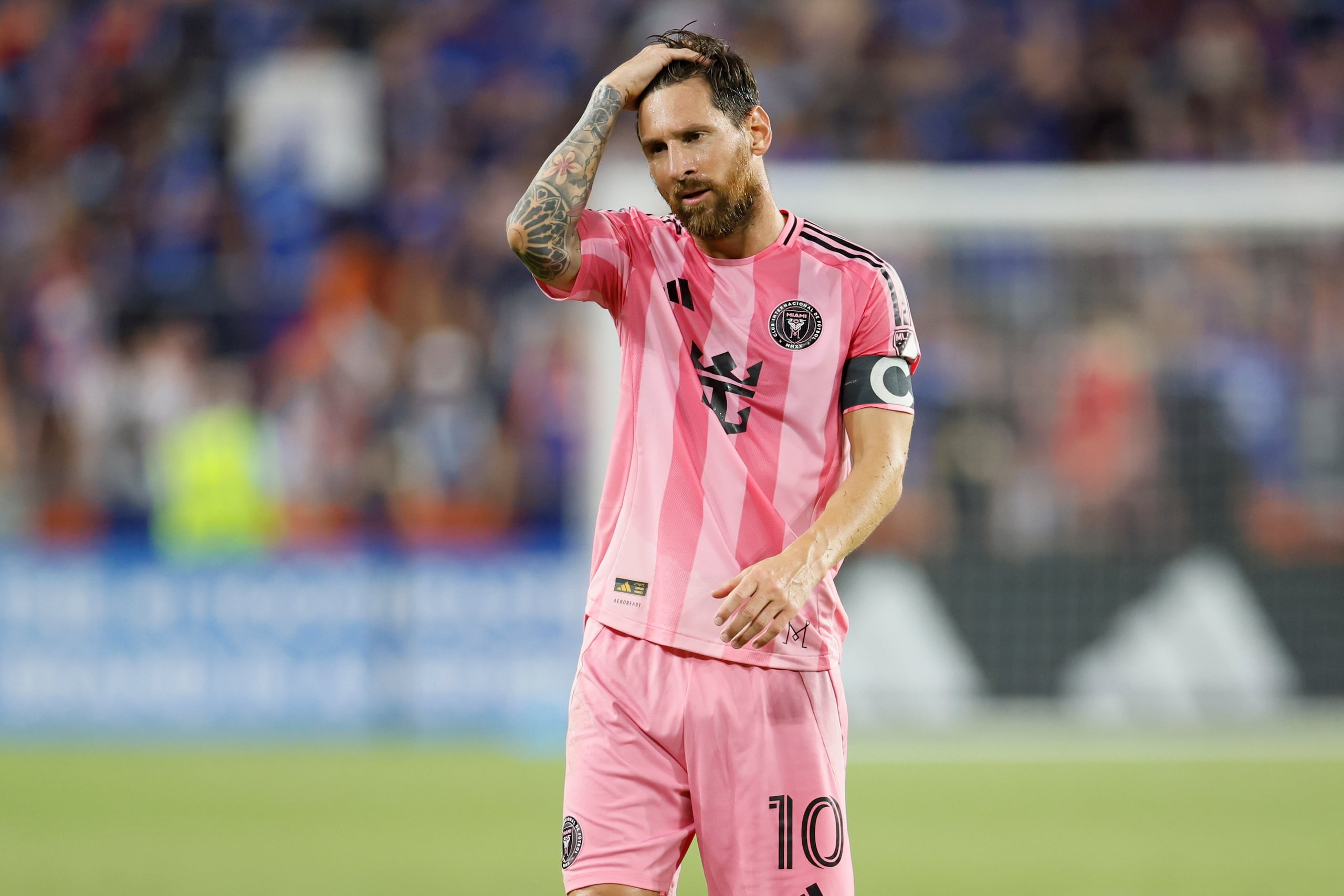 El argentino Lionel Messi se lamenta tras errar un disparo ante Cincinnati durante el partido de la MLS disputado el miércoles 16 de julio de 2025 (AP Foto/Jay LaPrete)
