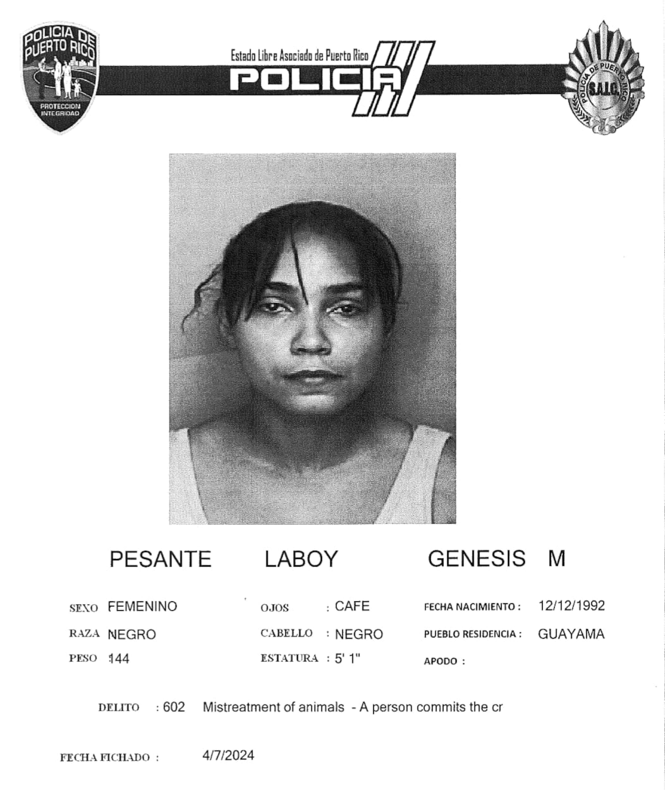 Génesis M. Pesante Laboy enfrenta cargos por maltrato de menores y de animales.