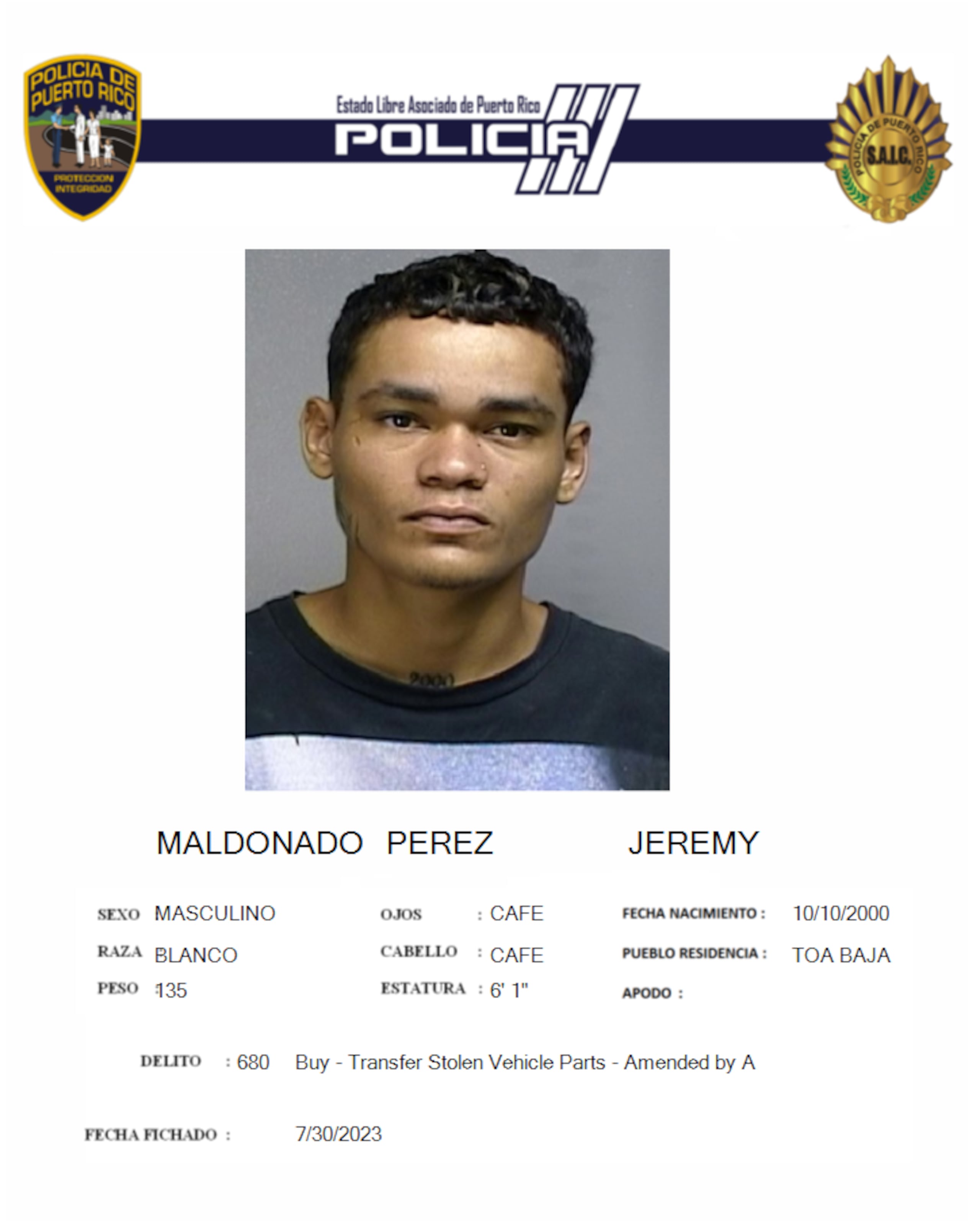 El cadáver de Jeremy Maldonado Pérez, de 24 años y vecino de Toa Baja, fue localizado el 8 de mayo, en la Playa Parchola (Los Veleros), de este municipio, en Dorado.