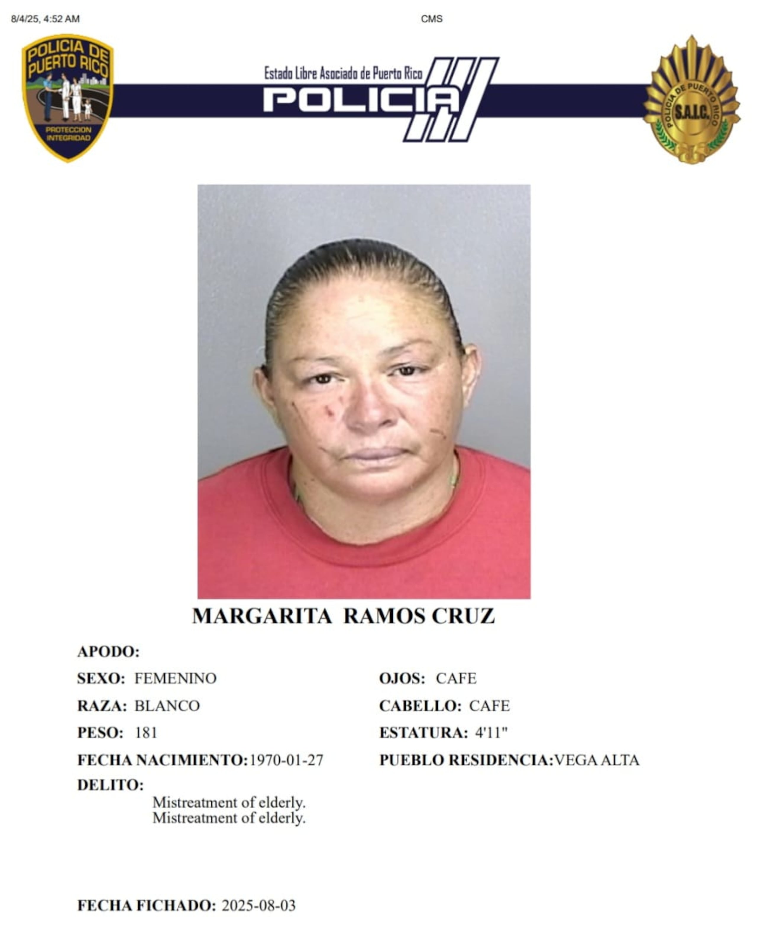 Margarita Ramos Cruz, fue acusada de dos cargos por maltrato a personas de edad avanzada.