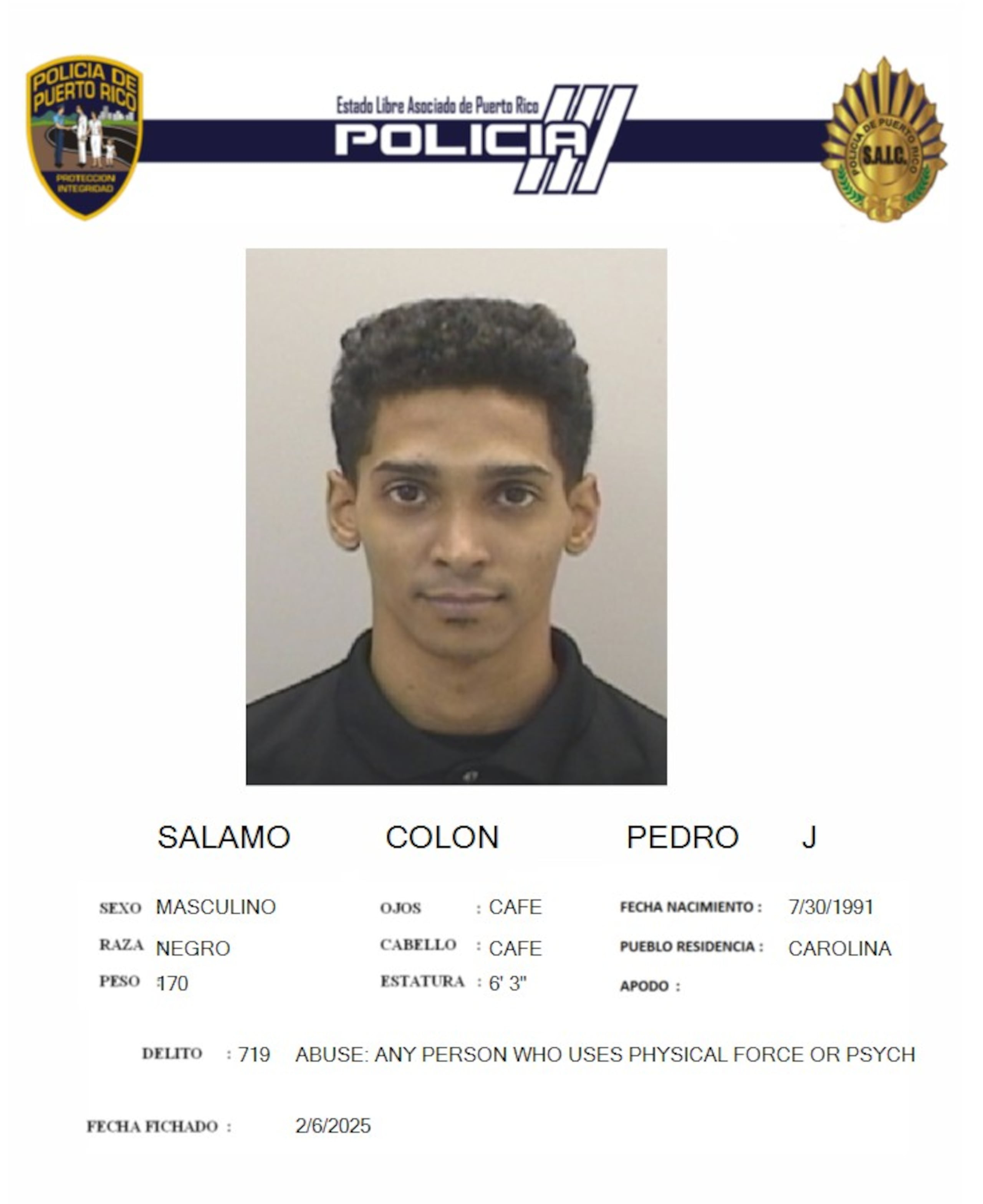 Pedro J. Sálamo Colón, enfrenta cargos por violencia doméstica, robo y escalamiento.