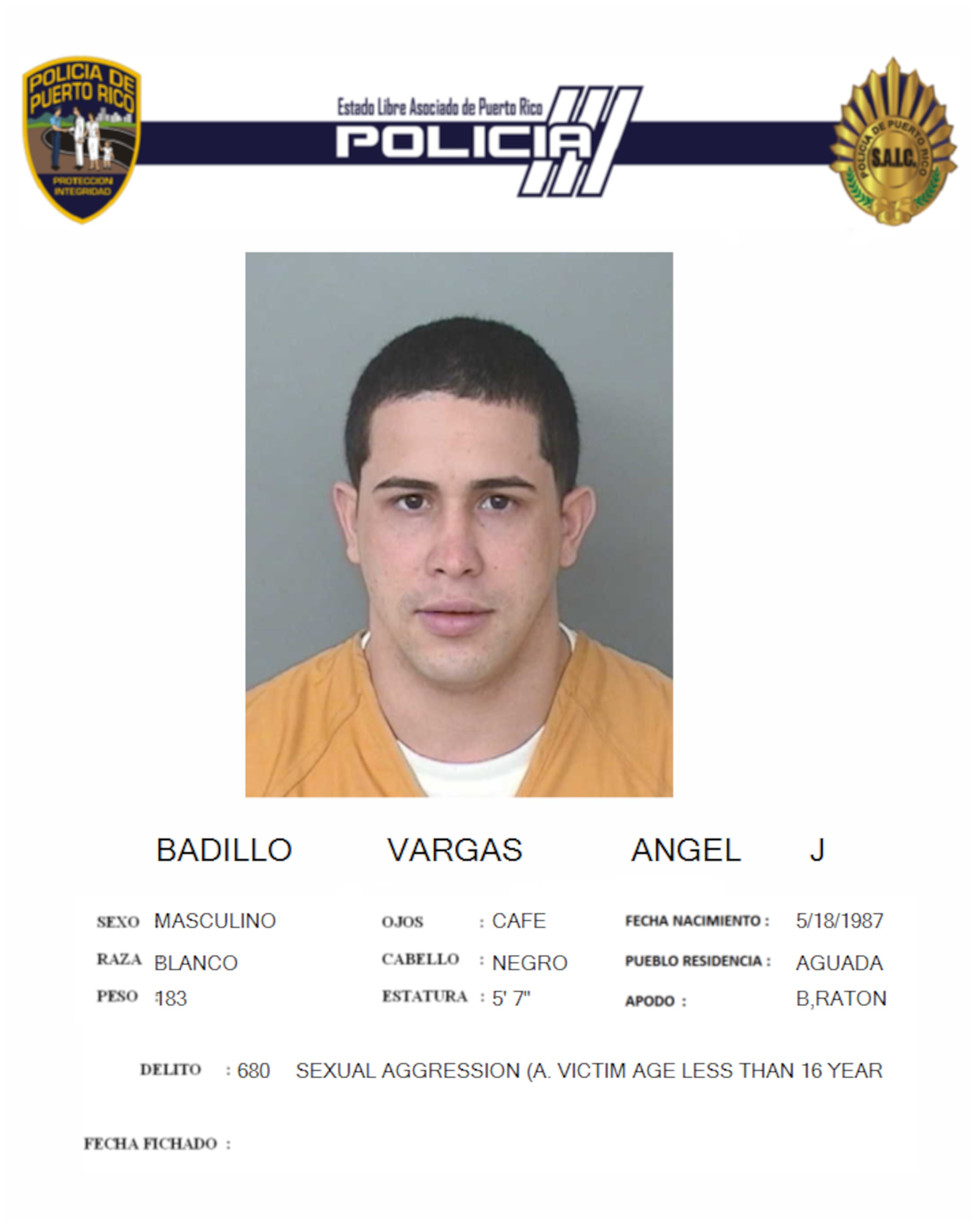 Ángel Joel Badillo Vargas se evadió el 15 de diciembre del Complejo Correccional Las Cucharas en Ponce, donde cumple una sentencia de 190 años, por asesinato, tentativa de asesinato y violación a la Ley de Armas.