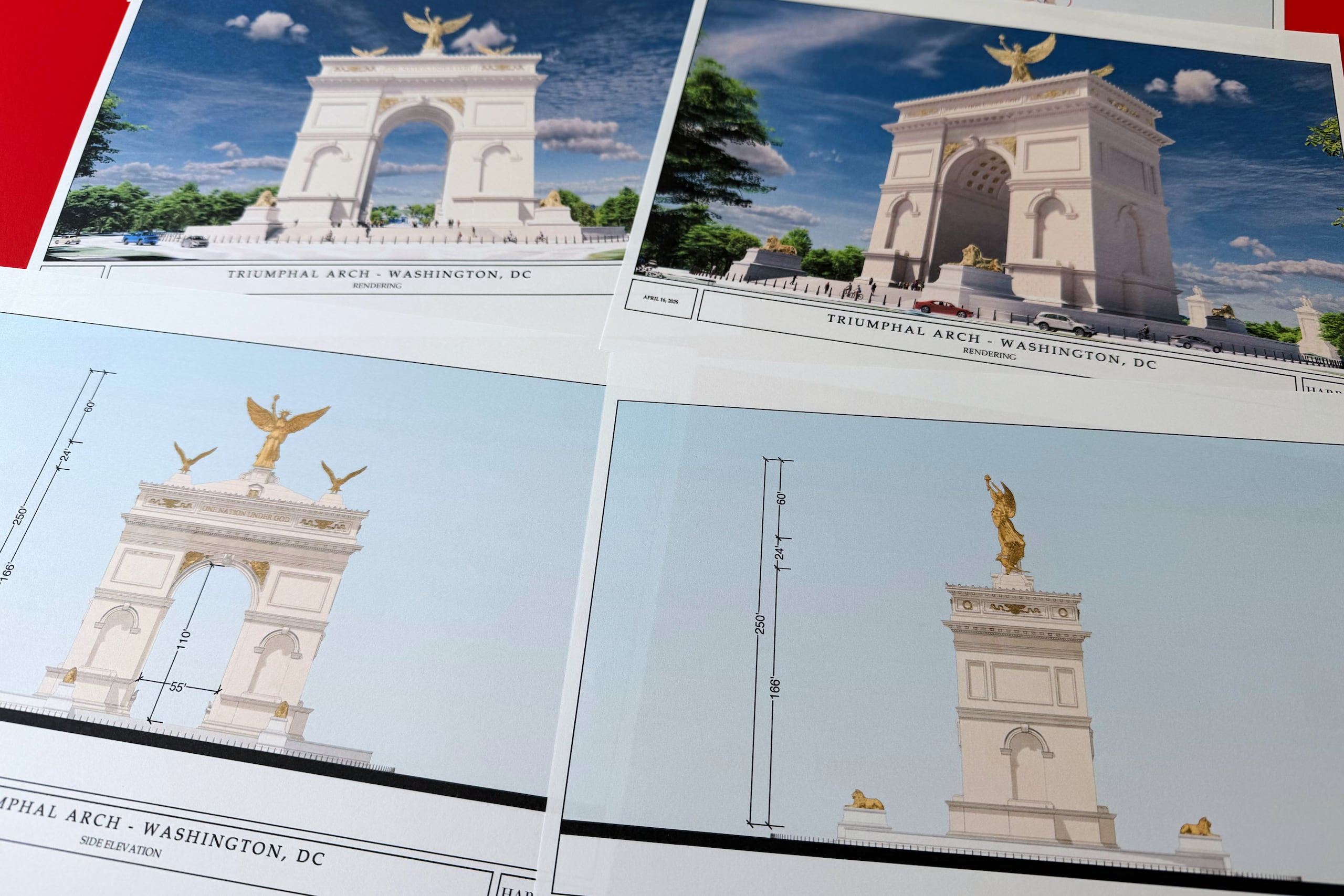Artist renderings and diagrams for President Donald Trump's new triumphal arch released by the U.S. Commission of Fine Arts that is planned to be built in Washington between the Lincoln Memorial and Arlington National Cemetery, are photographed Friday, April 10, 2026. (AP Photo/Jon Elswick)