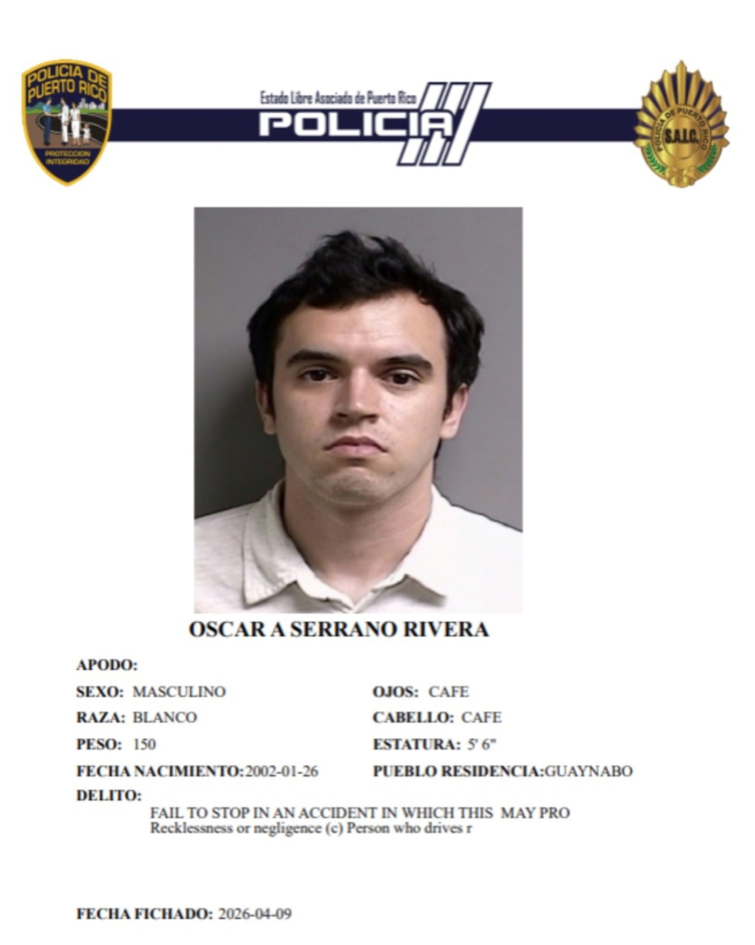 Oscar A. Serrano Rivera, enfrenta cargos por un "hit and run", el 15 de diciembre de 2025, en la autopista Luis A. Ferré en Caguas, donde murió un gruero.