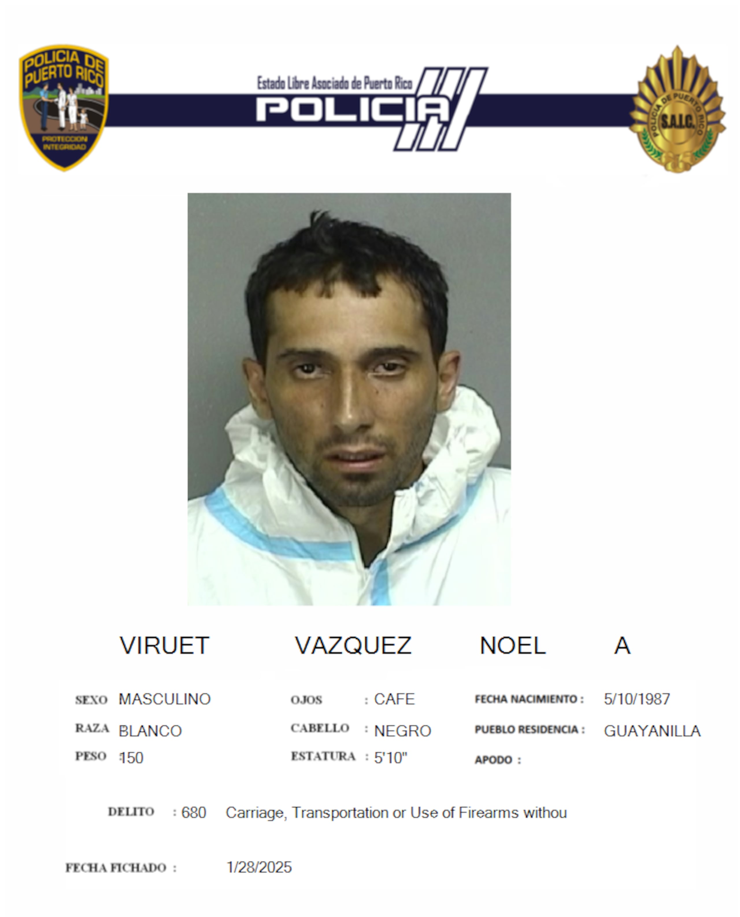 Noel A. Viruet Vázquez, enfrenta cargos por "carjacking" contra una persona de edad avanzada.