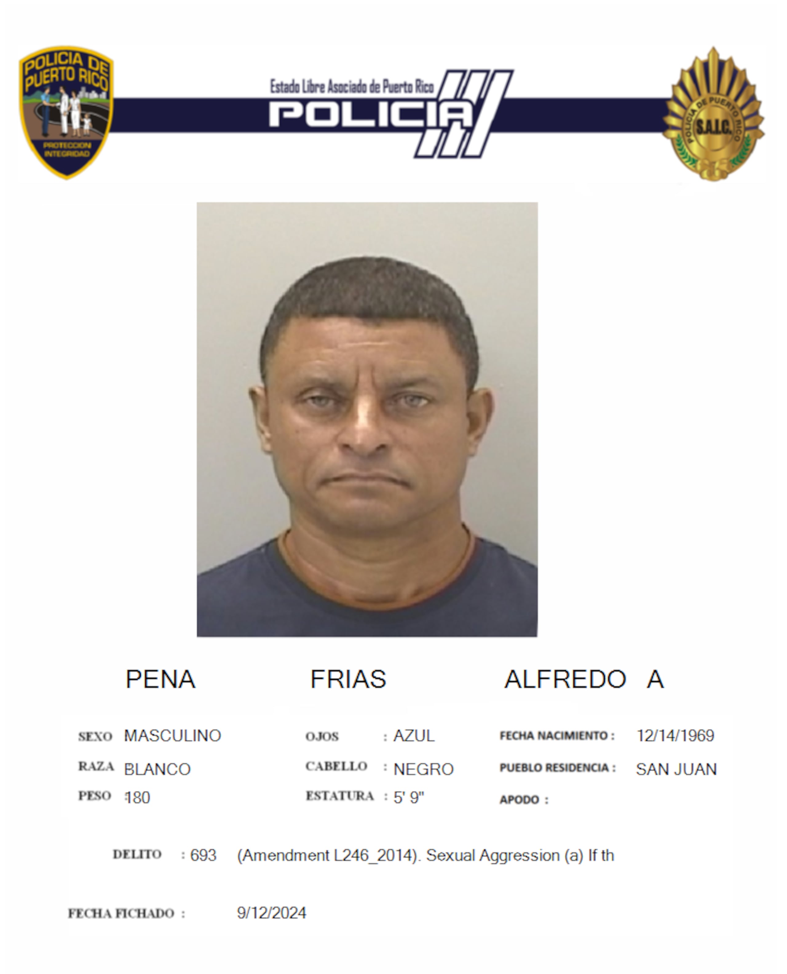 Ficha policial del imputado, Alfredo Peña Frías.