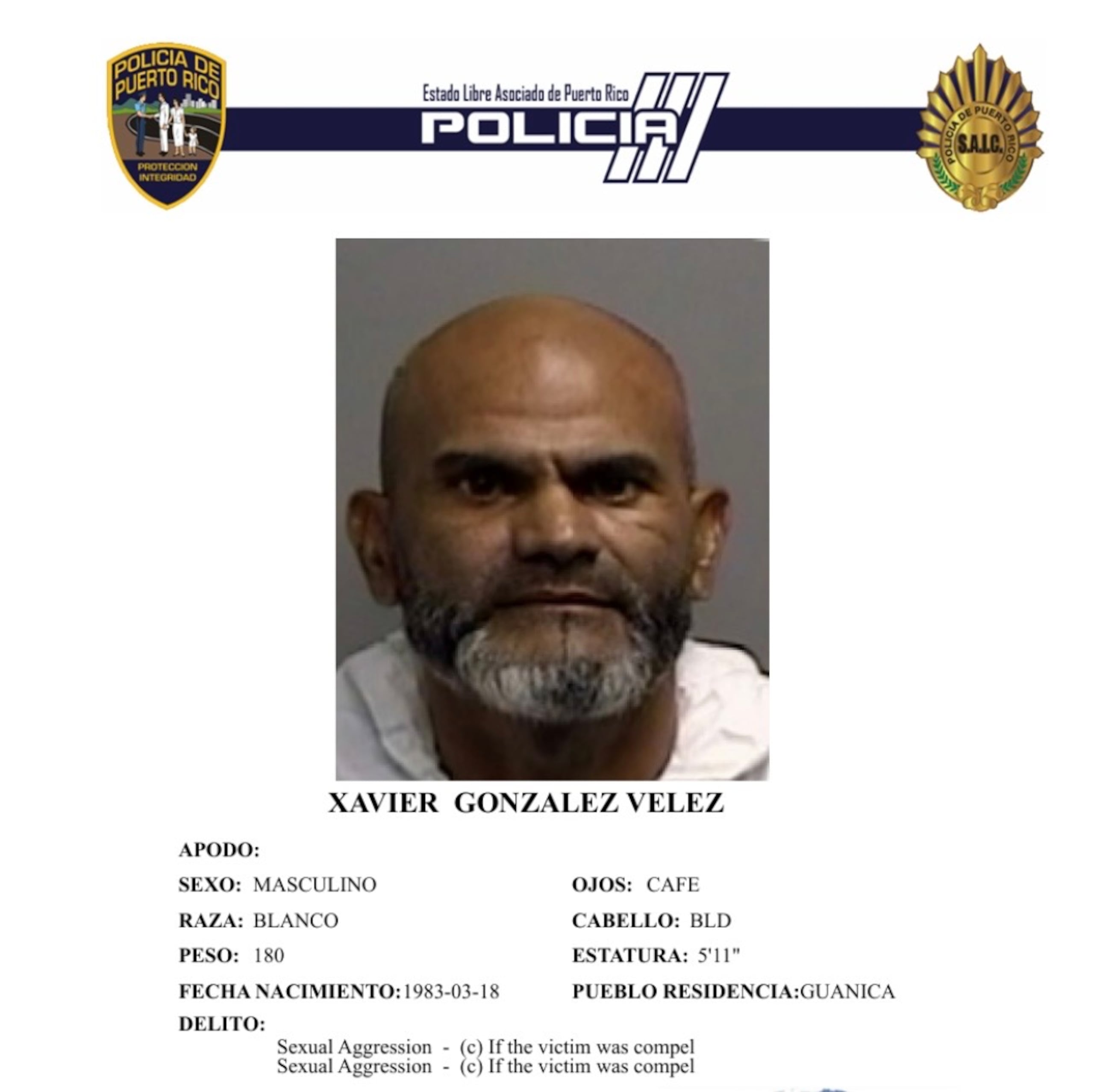 Ficha policíaca del imputado, Xavier González Vélez, de 43 años y residente de Guánica.