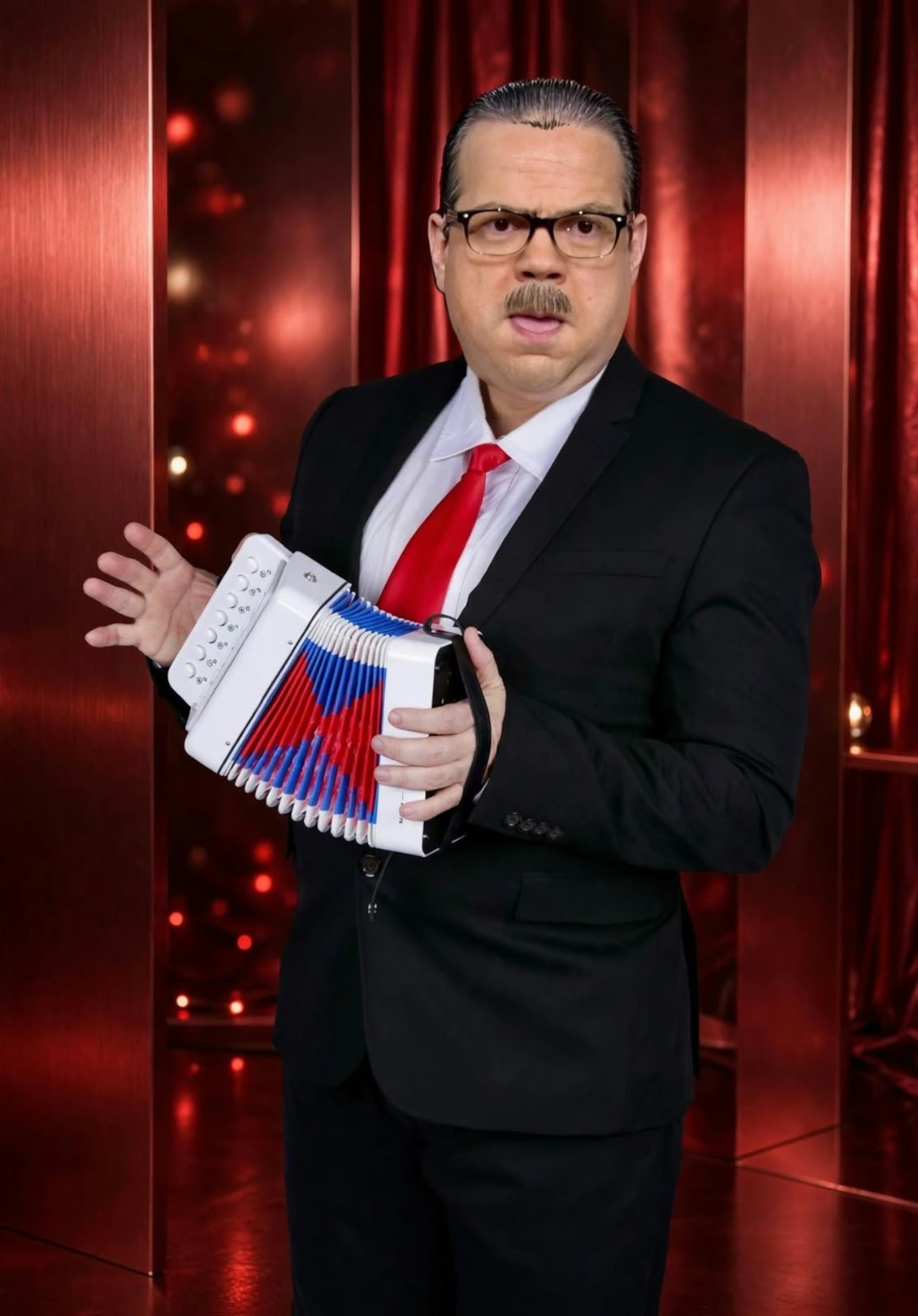 Con acordeón en mano e inspirado en el líder popular José Luis Dalmau, el personaje de “Malmau” promete encender el ambiente a ritmo de merengue y humor político.