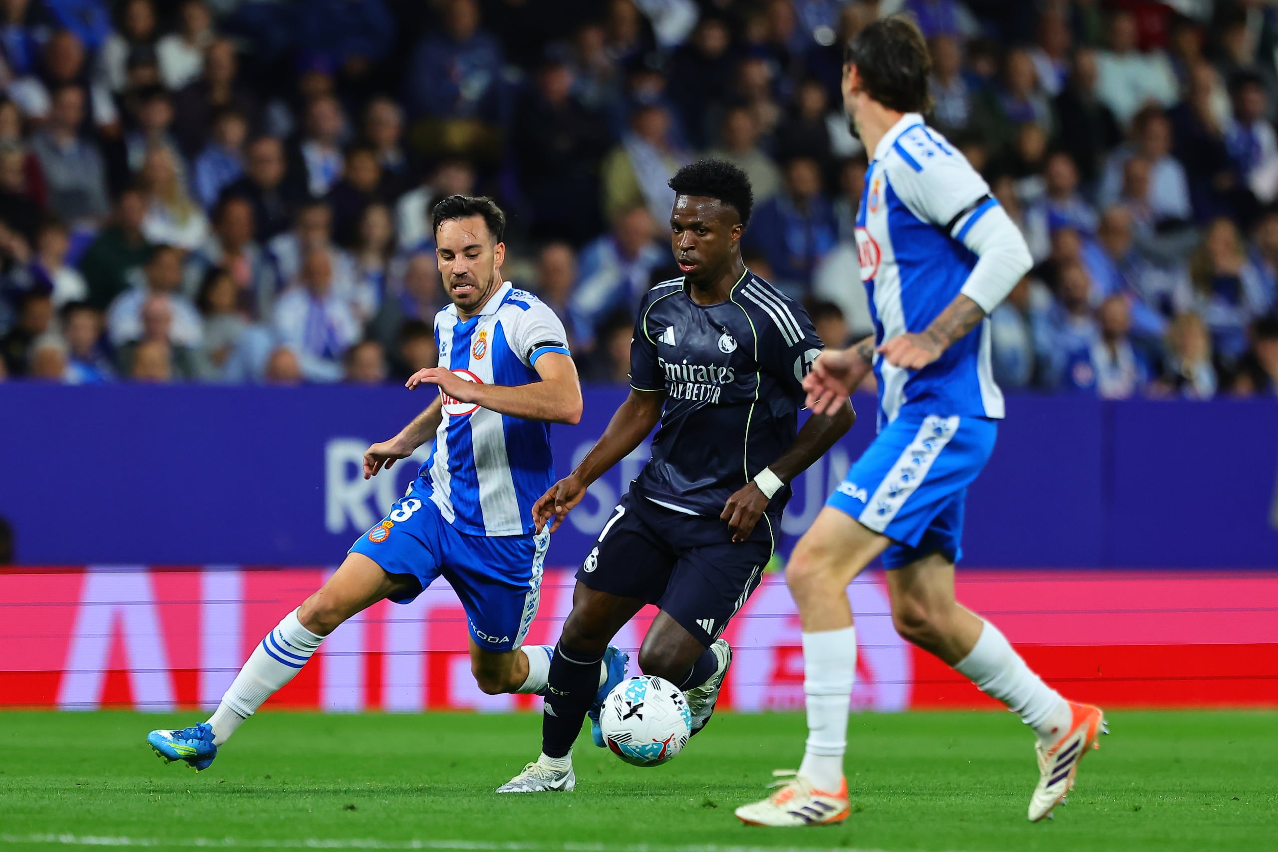 Vinícius Junior del Real Madrid en acción durante el encuentro de La Liga ante el Espanyol el domingo 3 de mayo del 2026. (AP Foto/)