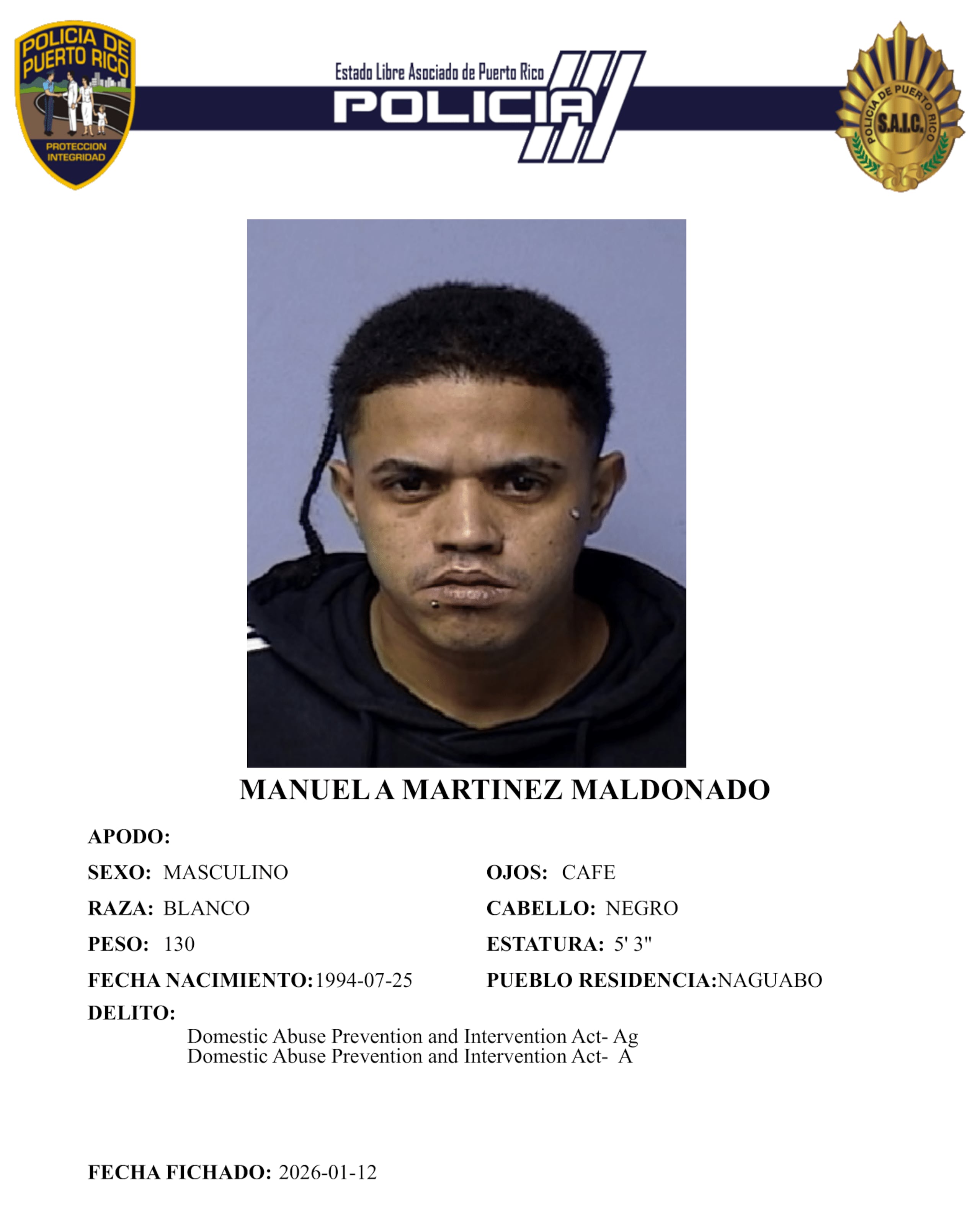 Ficha policíaca del imputado, Manuel A. Martínez Maldonado, de 31 años y vecino de Naguabo.