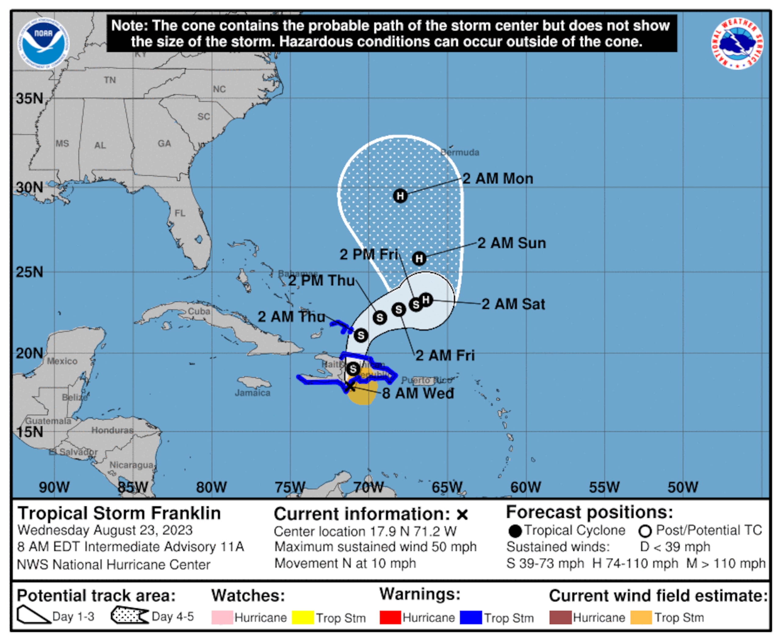 Pronóstico de la tormenta tropical Franklin emitido a las 8:00 de la mañana del 23 de agosto de 2023.