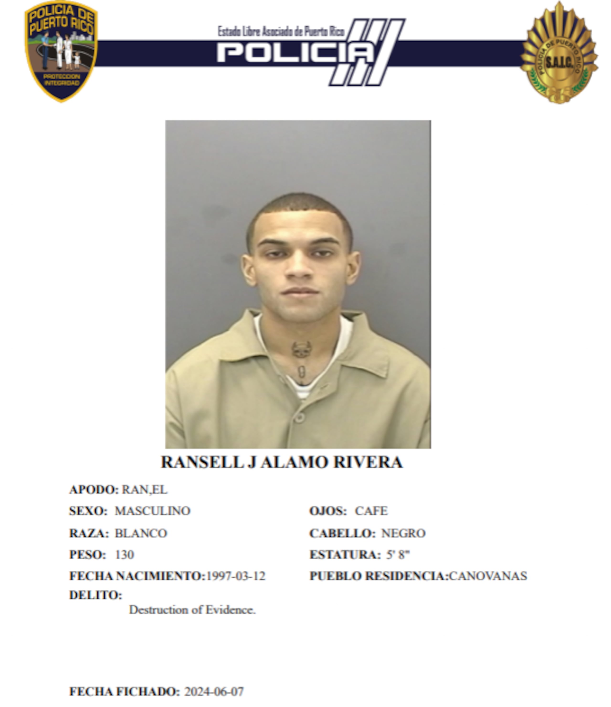 Ransell J. Álamo Rivera, fue sentenciado a 55 años de prisión por el asesinato en segundo grado de su amiga, Mariela Crystal Seda Osorio, en abril de 2024.