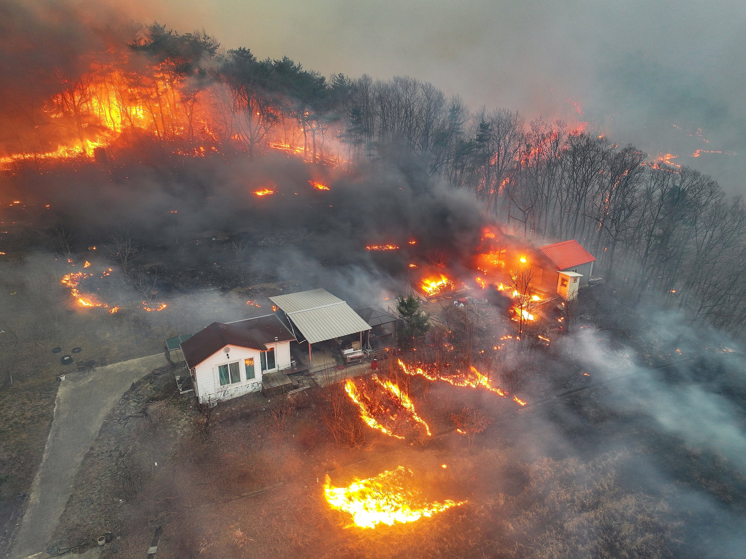 Una residencia se incendia en un poblado luego de que las llamas consumieran la casa avivado por los fuertes vientos en el condado de Uiseong, en Corea del Sur.