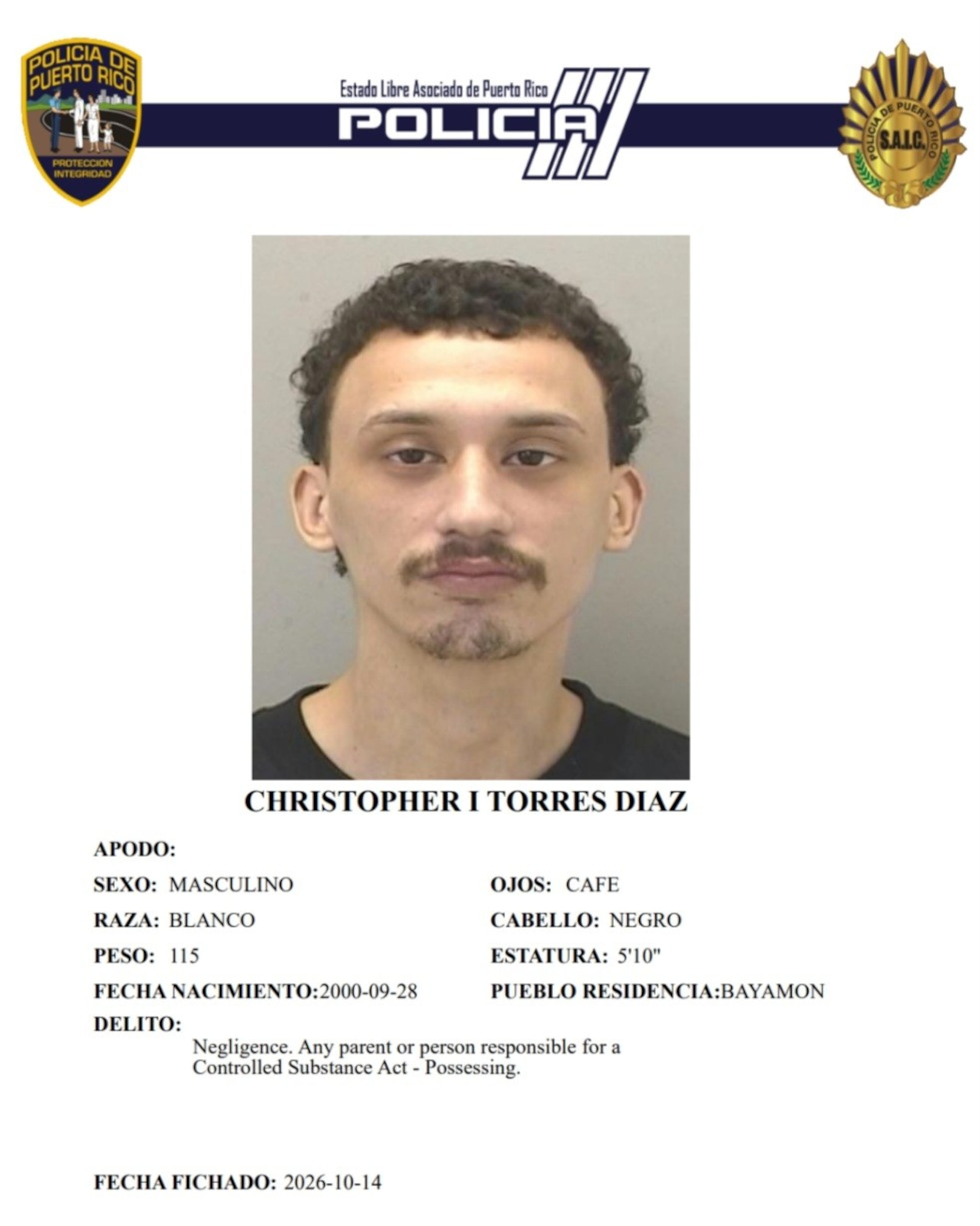Christopher I. Torres Díaz, enfrenta cargos por maltrato de menores por negligencia y posesión de sustancias controladas.