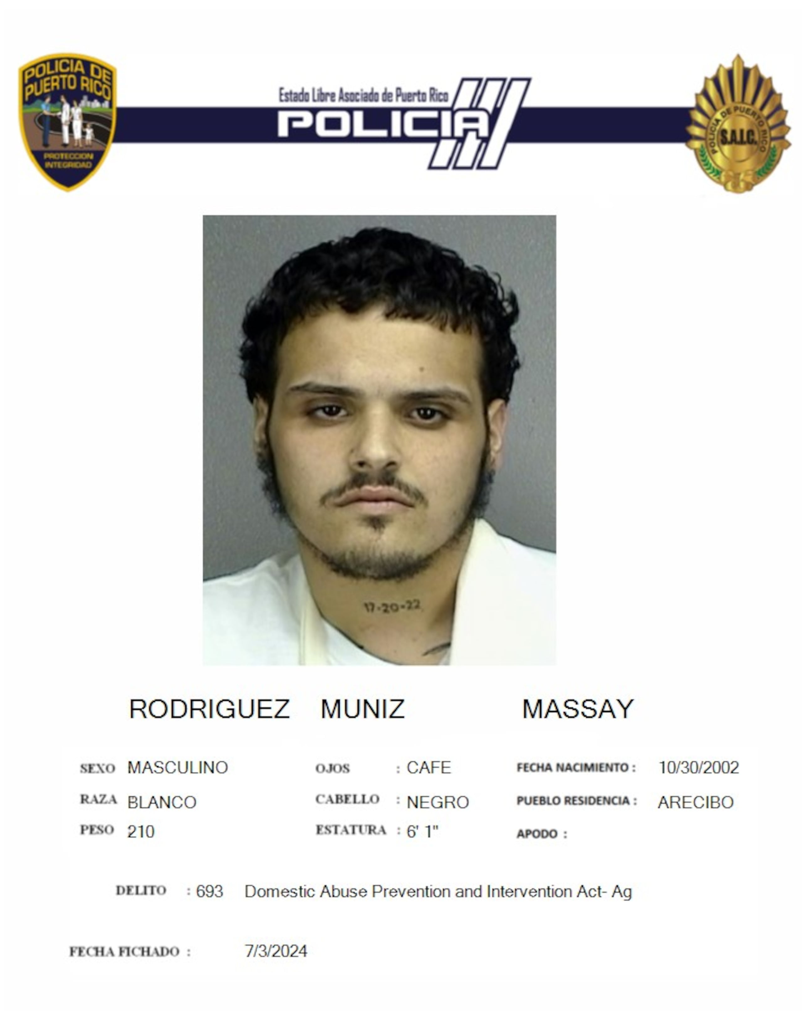 Ficha policial del occiso, identificado como Massay Rodríguez Muñiz, de 22 años.