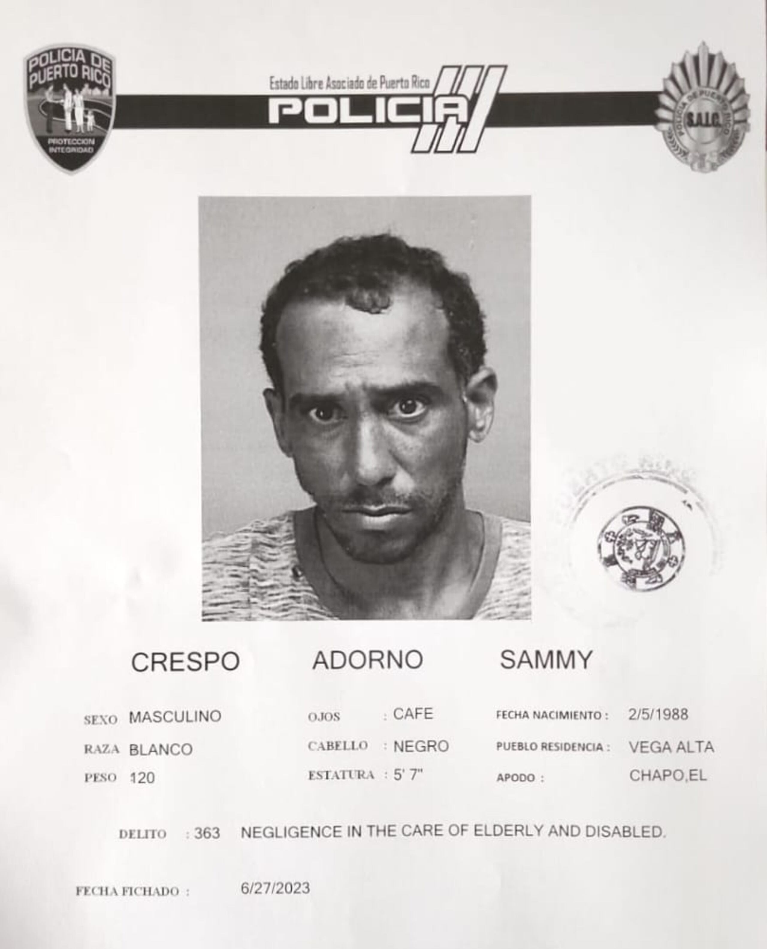 El fugitivo Sammy Crespo Adorno, fue arrestado en Vega Alta.