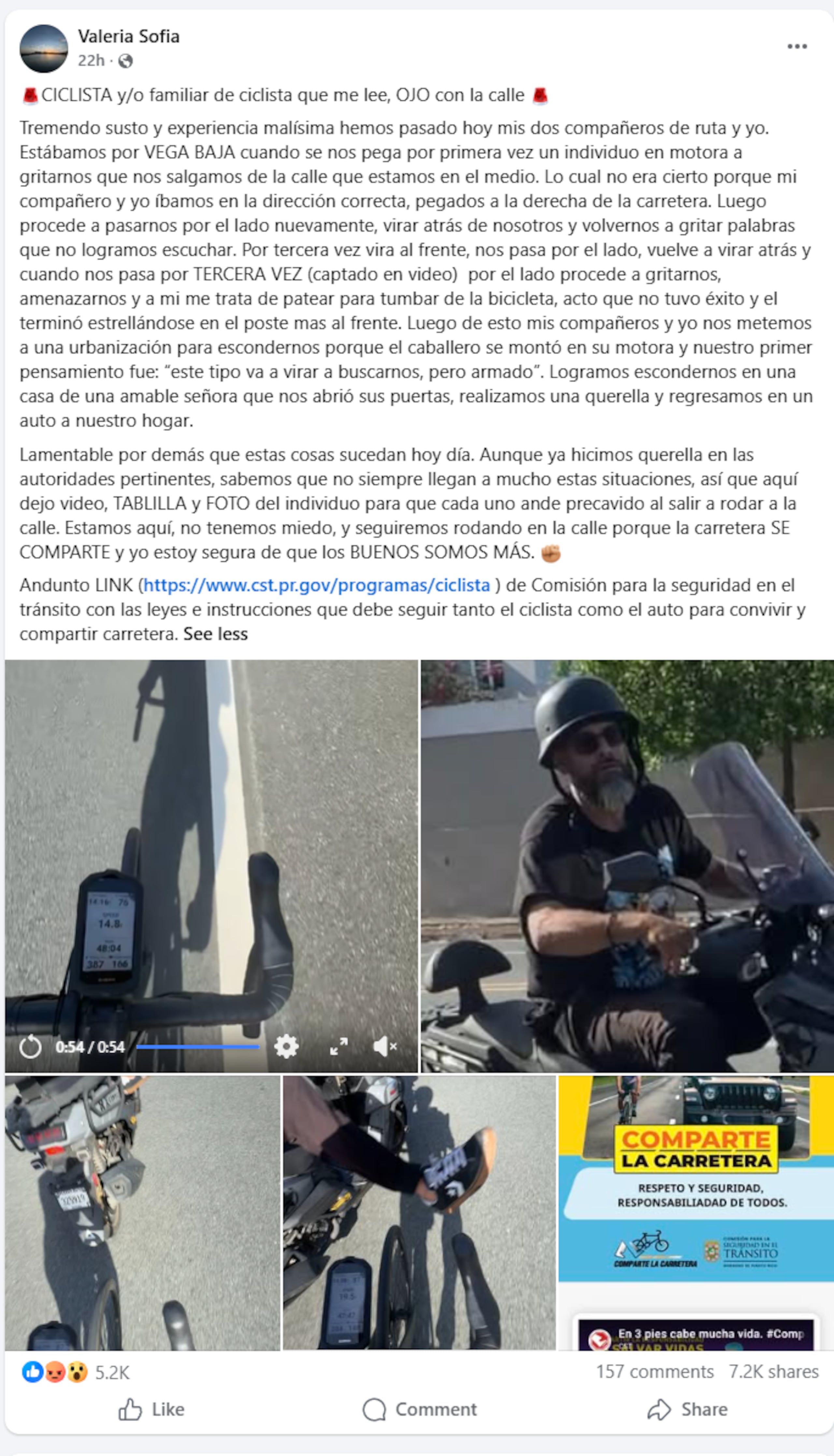 Una ciclista captó en vídeo cuando el conductor de una motora presuntamente la intimidó e intentó derribarla de su bicicleta, en cambio, el hombre terminó estrellándose contra un poste en Vega Baja.