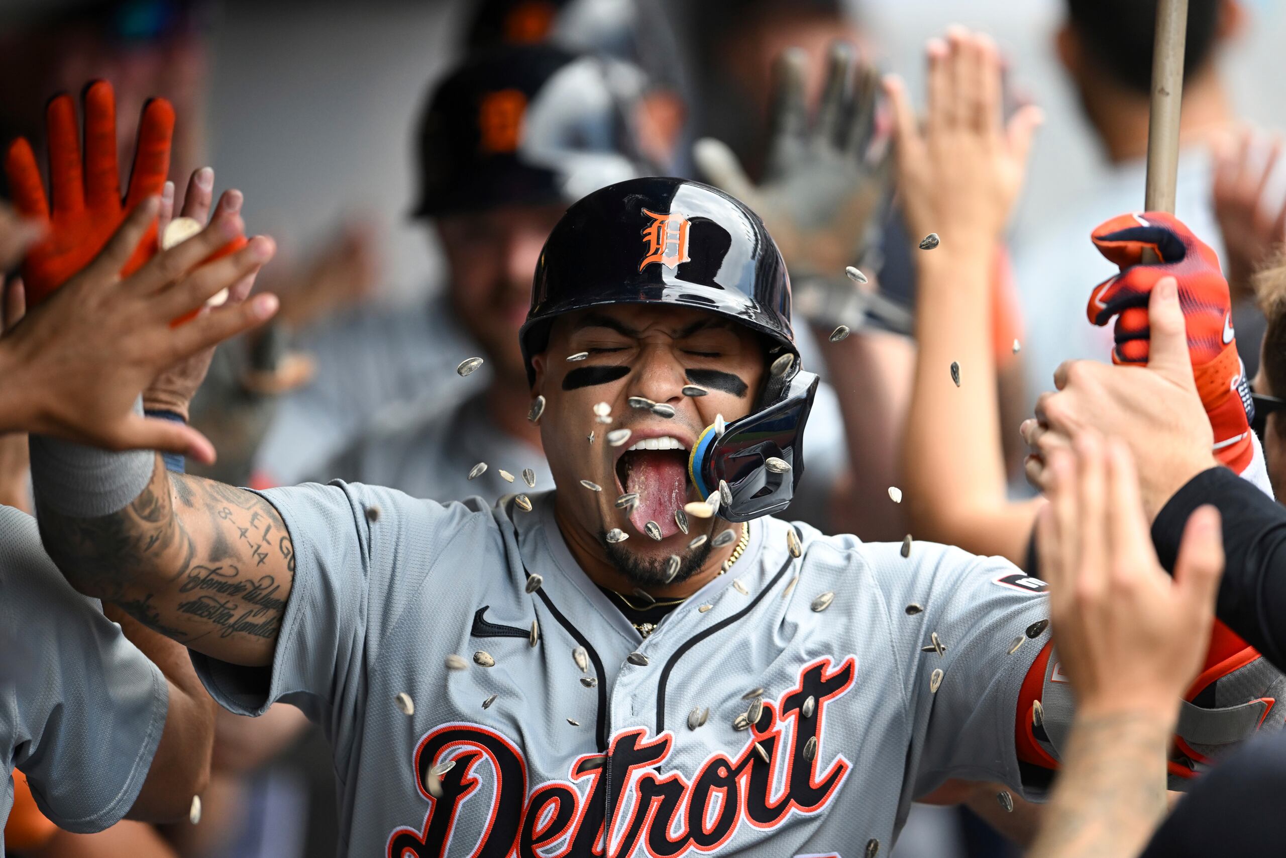 El boricua de los Tigres de Detroit Javier Báez celebra con sus compañeros su jonrón de tres carreras en la segunda entrada ante los Guardianes de Cleveland el jueves 25 de julio del 2024. (AP Foto/Nick Cammett)