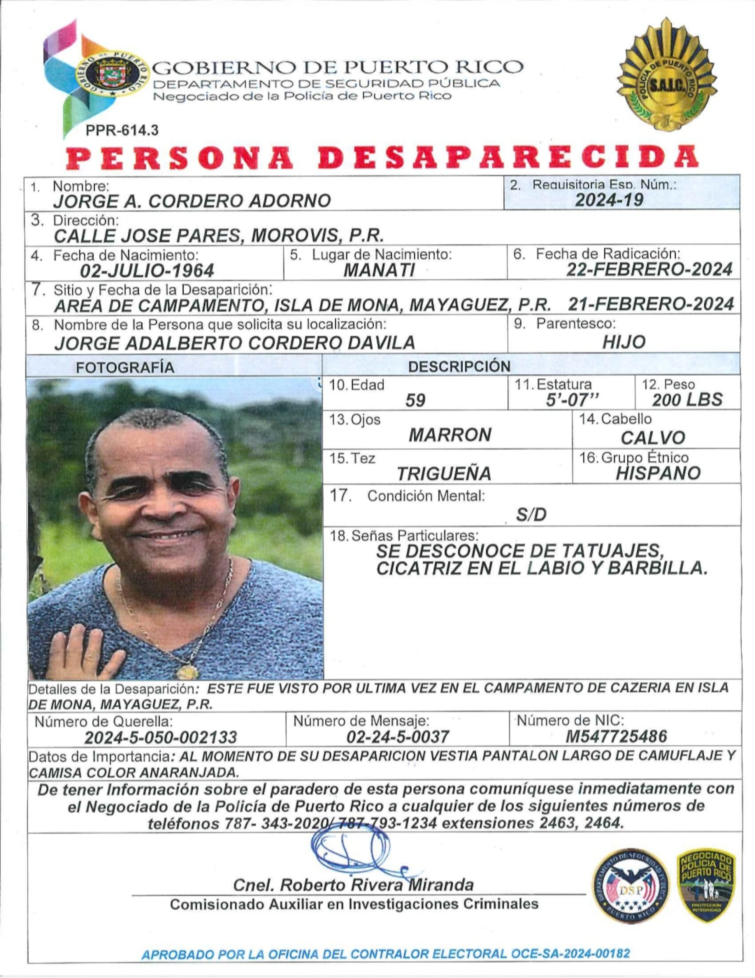 Jorge Cordero Adorno fue reportado como desaparecido por su hijo.