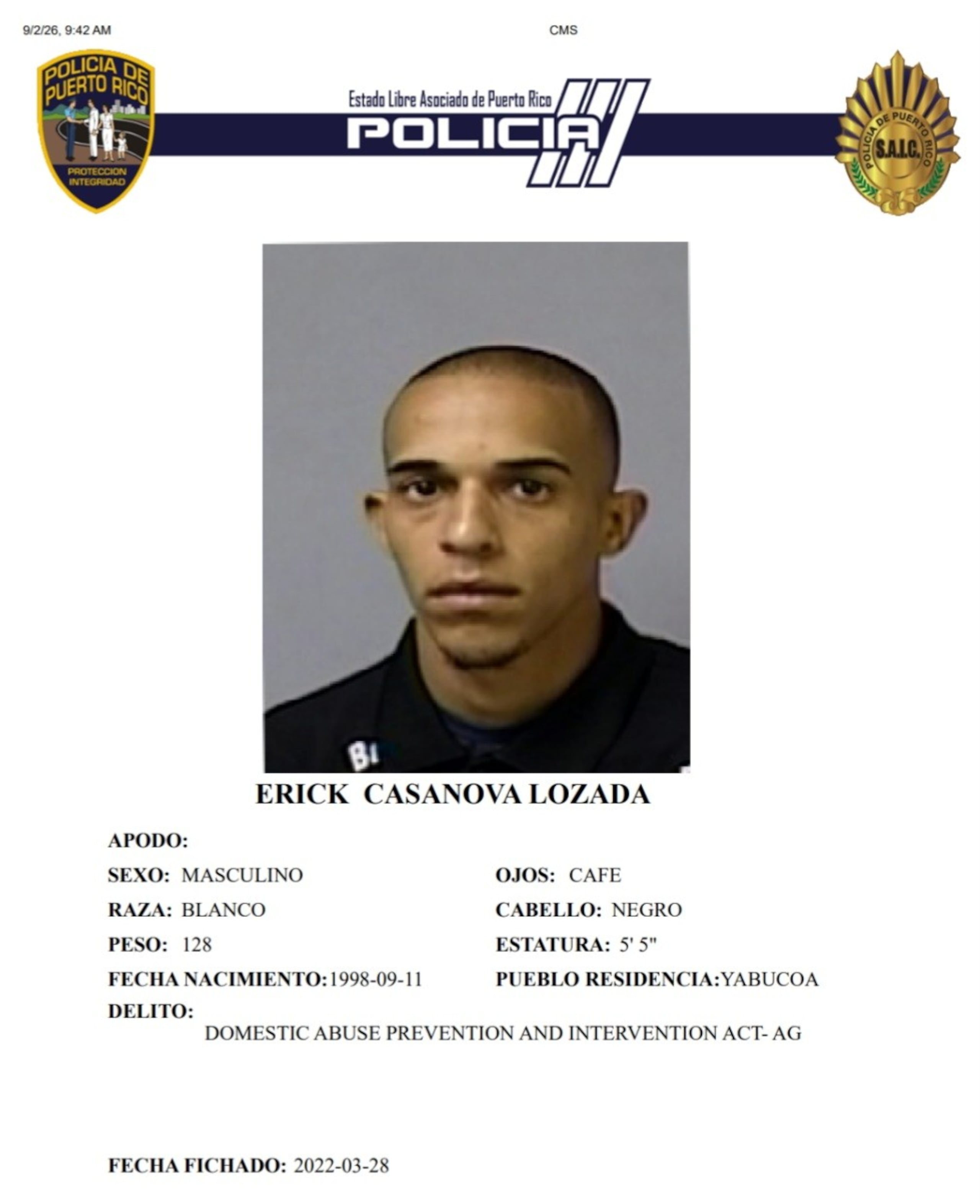 Erick Casanova Lozada, enfrenta cargos radicados en ausencia por un asesinato ocurrido en el 2023, en Yabucoa.