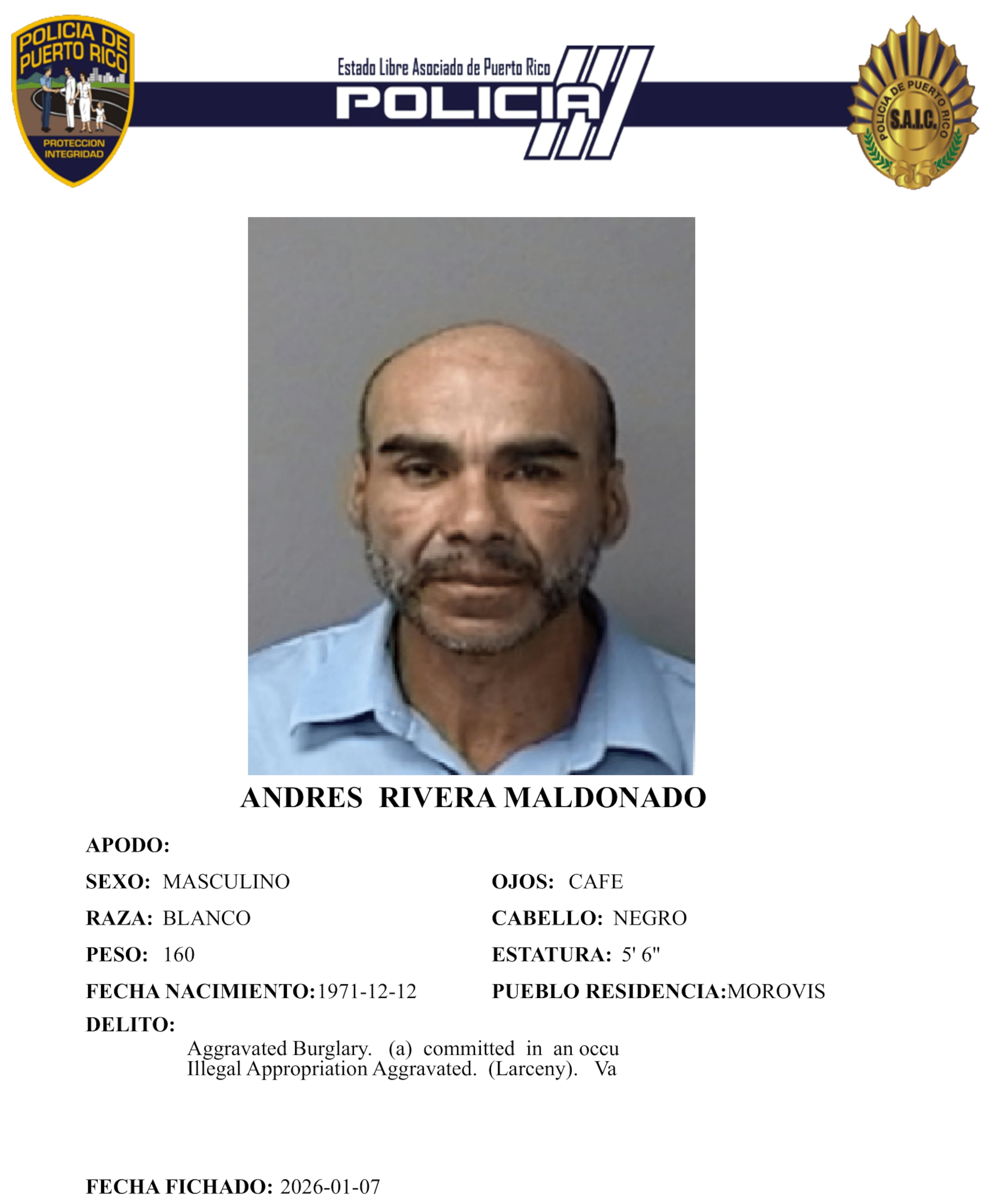 Ficha policíaca de Andrés Rivera Maldonado, de 53 años y residente de Morovis.