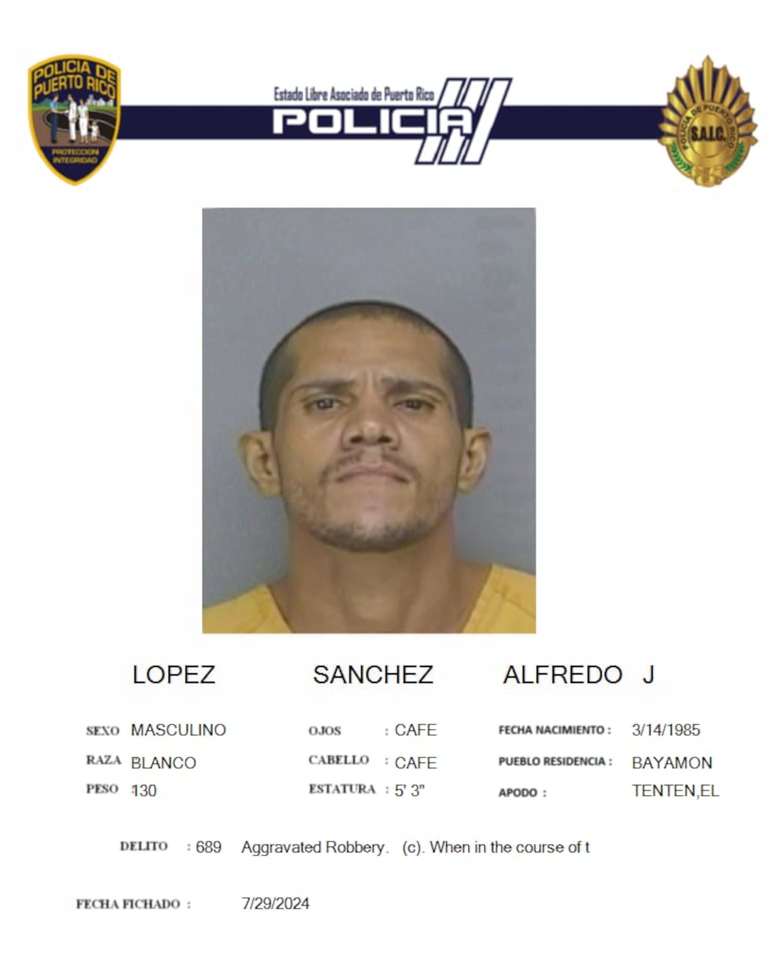 Alfredo J. López Sánchez, enfrenta cargos por robo agravado y maltrato a personas de edad avanzada.
