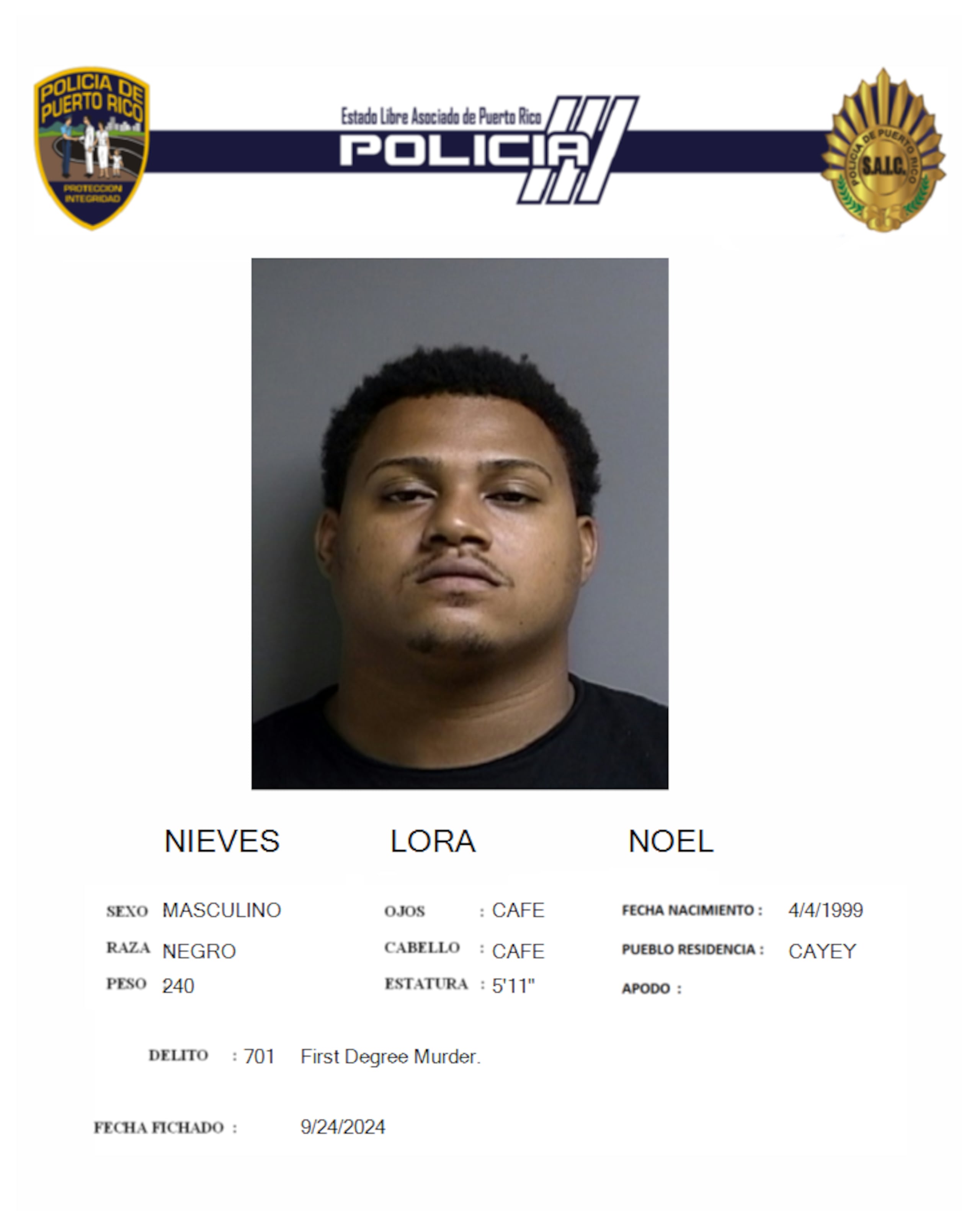 Noel Nieves Lora, apodado Bulín, fue acusado por asesinato en primer grado y violación a la Ley de Armas, por hechos ocurridos el 6 de abril en Cayey.